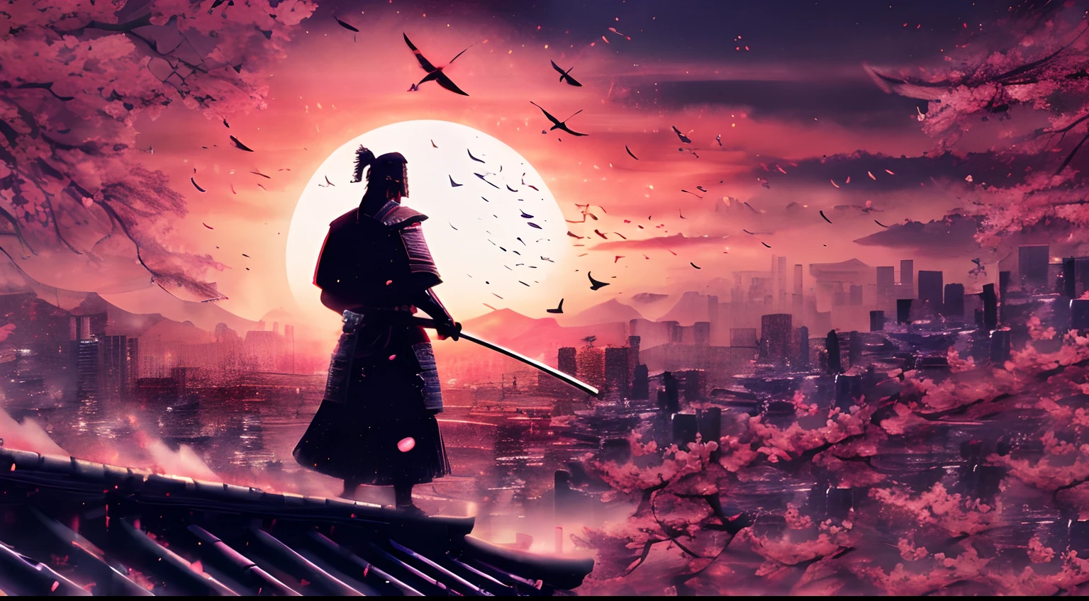 Samurai. City and sakura background