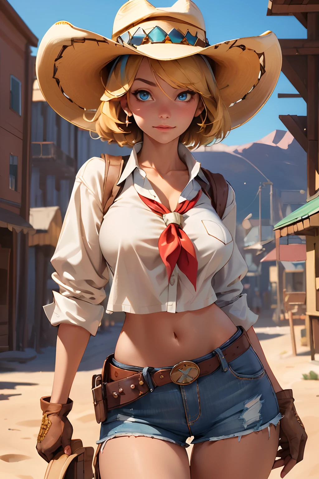 (((((solo))))),(((((masterpiece))))), (((((best quality))))),(((((highly detailed))))), finely detailed, Depth of field, crisp detail, detailed clothes, highres,
1girl, bangs, (beautiful detailed face:1.3), collarbone, collared shirt, ((white shirt)), shirt half open, buttons undone, no bra, several buttons open to show cleavage, show belly, blue eyes, blonde hair, cleavage, ((cowboy)), (cowboy hat:1.3), short gloves. fingerless gloves, hat, medium breasts, navel, neckerchief, red neckerchief, short hair, short shorts, low-rise daisy dukes, healthy thighs, gun belt ,cowboy western, sunny desert background, thigh gap