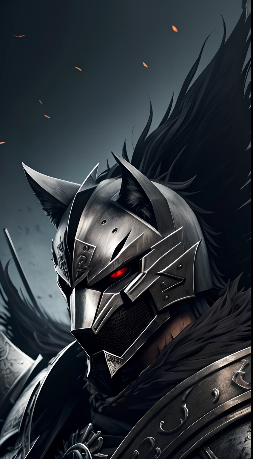 wolf mask knight, bloody cross, steel armor, middle age style, battle ground, black & silver colors, abstract background, fighting pose, masterpiece, ultra high details