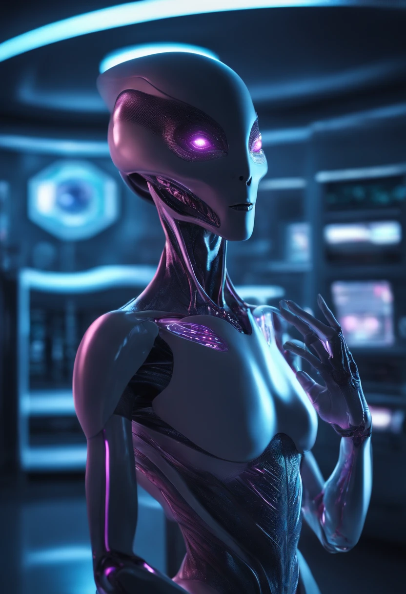 Exotic extraterrestrials inside the futuristic medical research lab serving human alien spirit bodies, Slender-bodied alien inside alien cell regeneration room, Giant multifaceted eye alien exploring alien hologram, Alien in futuristic alien costume inside the extraterrestrial genetic healing lab, Ete-Grey pink and purple alien in innovative alien environment, alien with telepathic abilities inside the alien medical research center, Curious and affectionate hybrid alien inside the futuristic alien laboratory, alien with multiverse view through the almond pupil inside the healing alien light chamber, Alien with bio-organic appendages on an alien humanoid body at the Alien Science Laboratory, alien with telepathic texture details inside the portrait of a humanoid alien, alien exploring the alien environment with advanced 3D modeling technology, Alien in futuristic costume with surreal lighting effects inside the futuristic alien room, alien with alien cybernetic implants in an alien medical research lab, alien with digitally enhanced alien atmosphere, Blue alien with elongated head inside an alien cell regeneration laboratory."