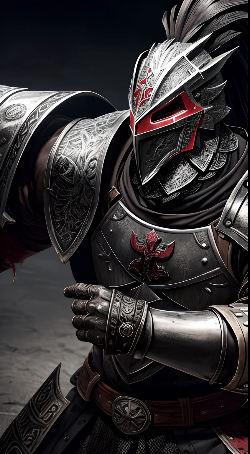 rooster mask knight, bloody cross, steel armor, middle age style, battle ground, black & silver colors, abstract background, fighting pose, masterpiece, ultra high details