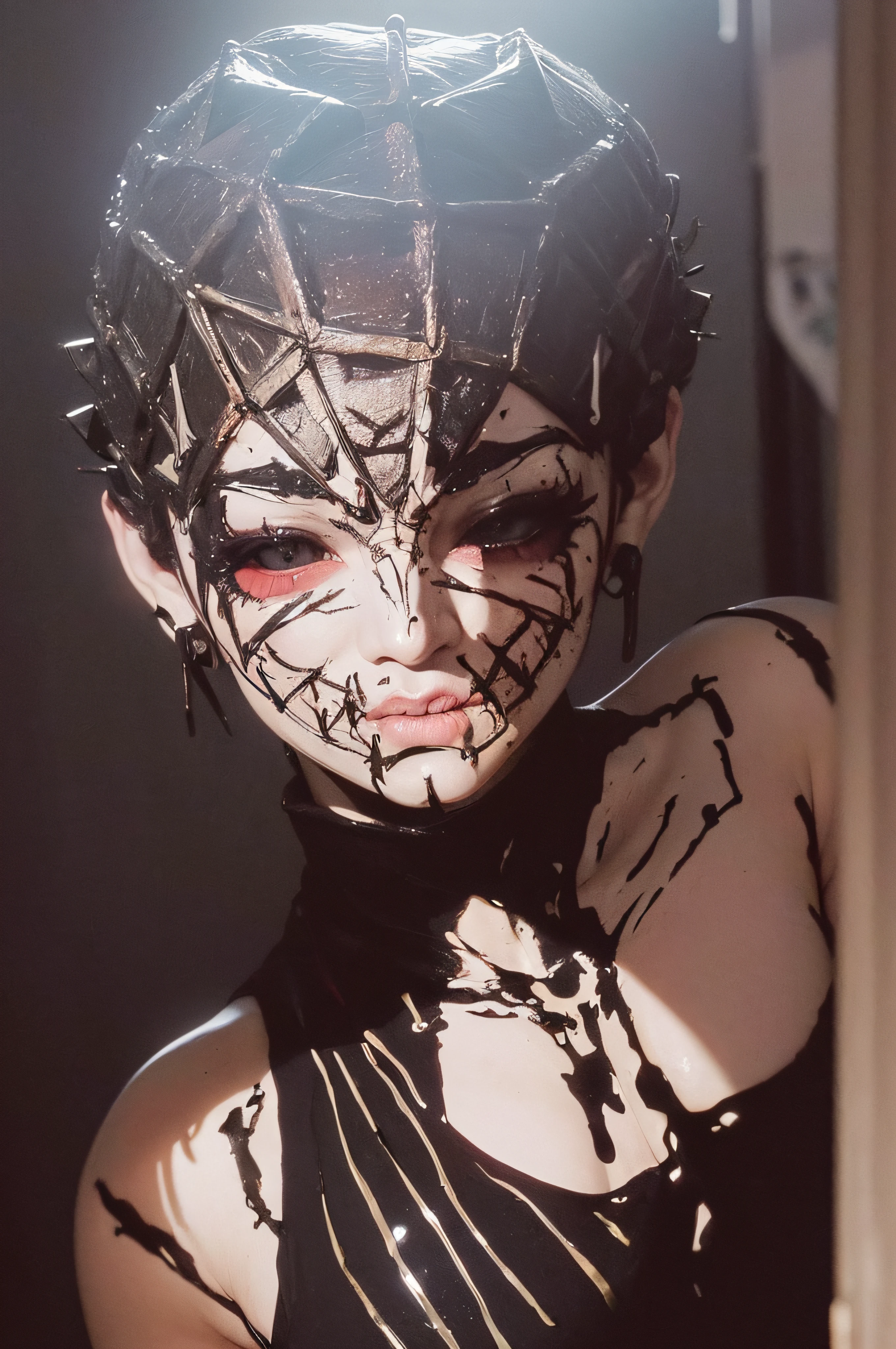 "(The best lighting, oscuro, dramatic),(feto calavera alien, Hellraiser, Cicatrices, , sexy, cerebro, sangre, una rata dentro de la cabeza, terror.),(ojos rojos, calaveras). morning light.