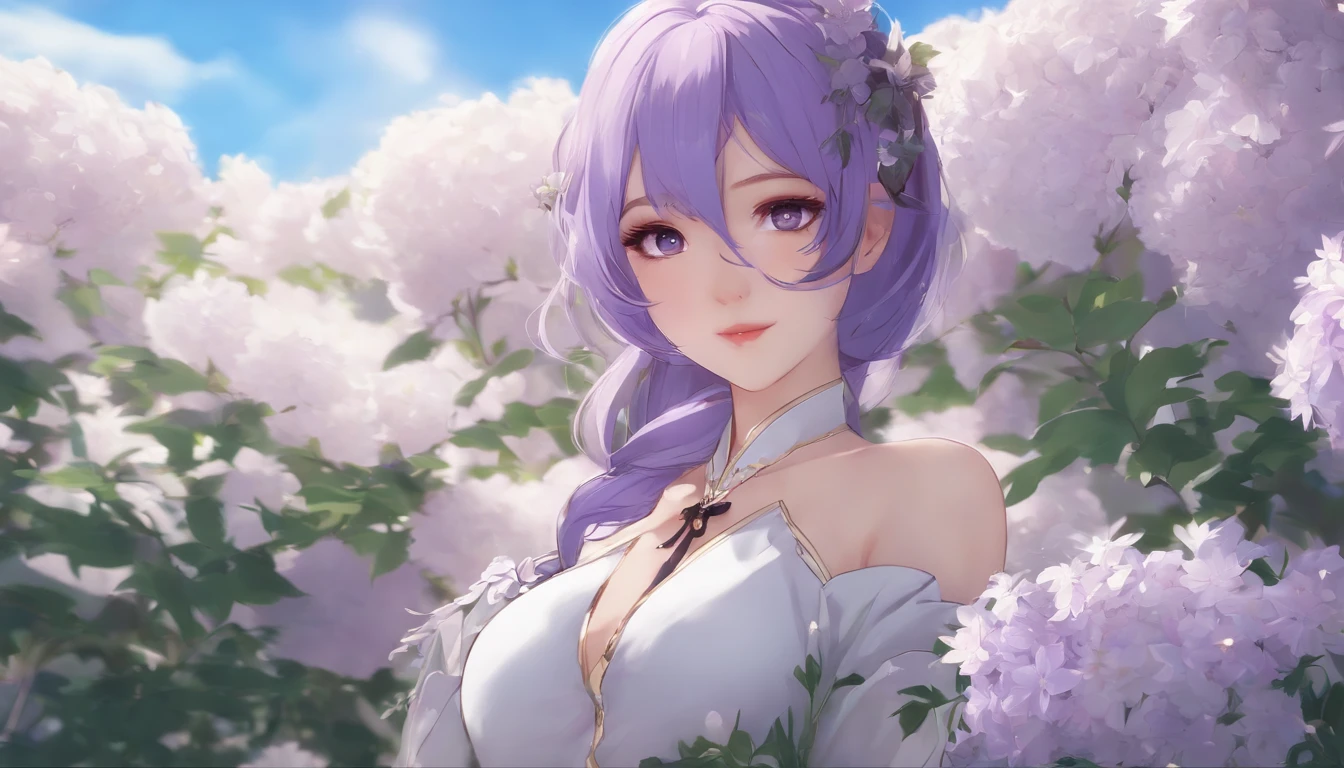 anime girl with purple hair and purple eyes standing in front of white flowers, anime moe artstyle, detailed digital anime art, ayaka genshin impact, anime art wallpaper 4k, anime art wallpaper 4 k, anime style 4 k, anime art wallpaper 8 k, high quality anime artstyle, beautiful anime portrait, guweiz on pixiv artstation