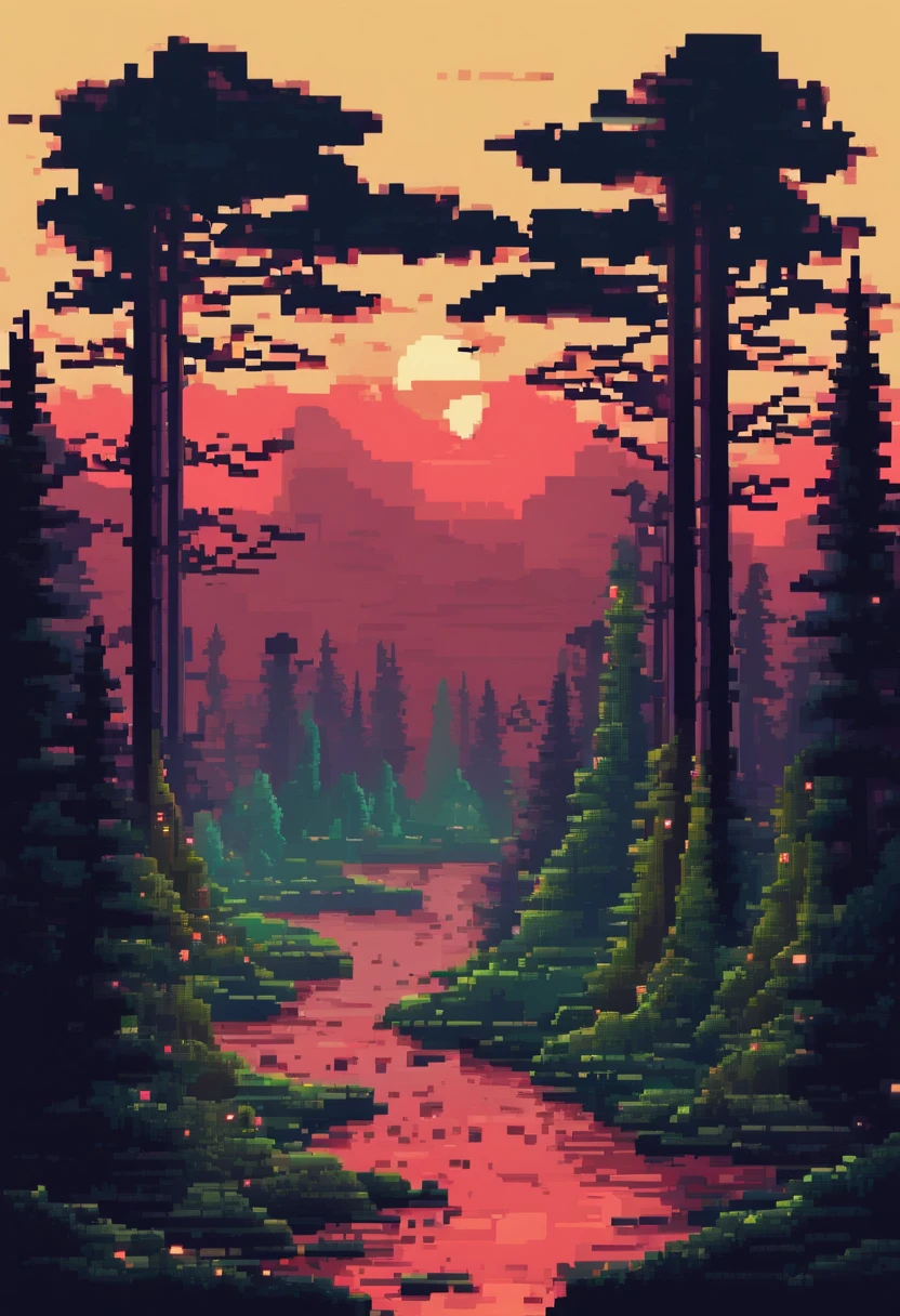 A horror forest. Night. 3d pixel art 4k wallpaper. Incredible pixel art details. Pixel art. Monsters. Detailed unreal engine pixel art
