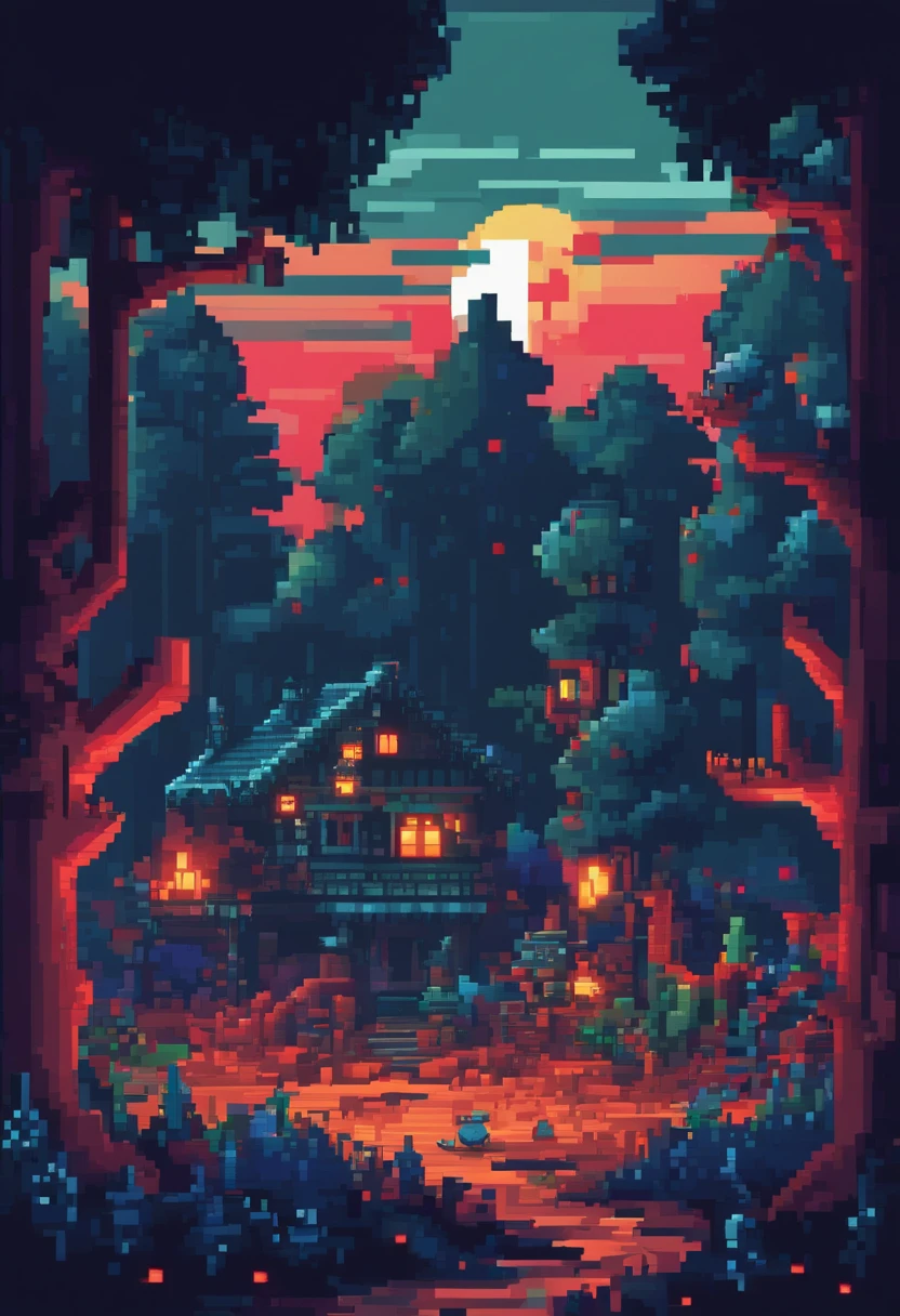 A horror forest. Night. 3d pixel art 4k wallpaper. Incredible pixel art details. Pixel art. Monsters. Detailed unreal engine pixel art