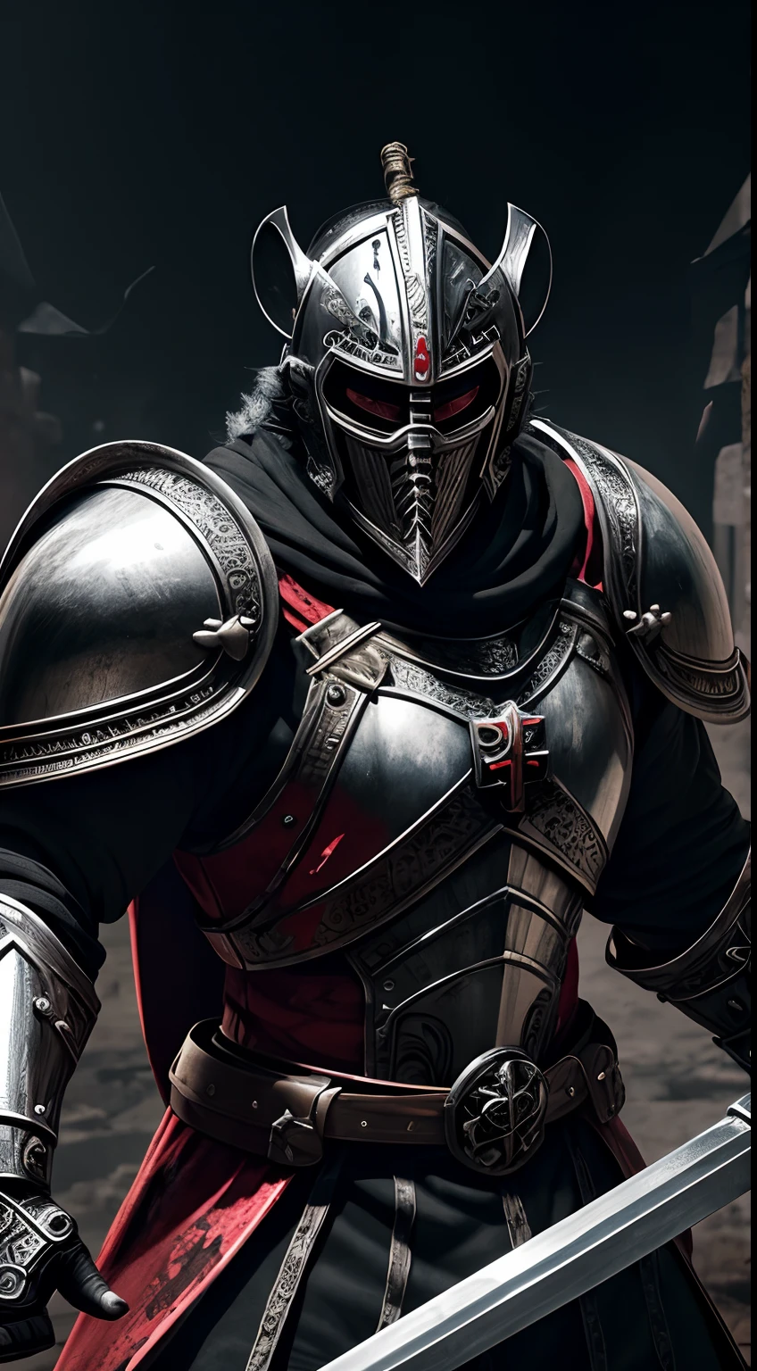 monkey mask knight, bloody cross, steel armor, middle age style, battle ground, black & silver colors, abstract background, fighting pose, masterpiece, ultra high details