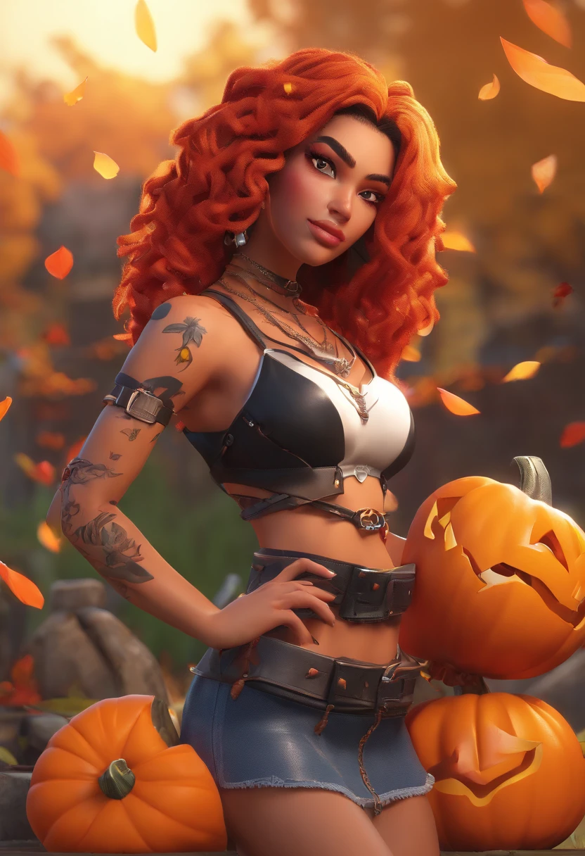 Fortnite looking character, 1girl, red eyes, long curly orange hair, pumpkin necklace, orange and black corset, black heart tattoo on face, long eyelashes, leaves on coset, black mini skirt, knee high orange boots, chains on boots, nose pierced, hair clips in hair