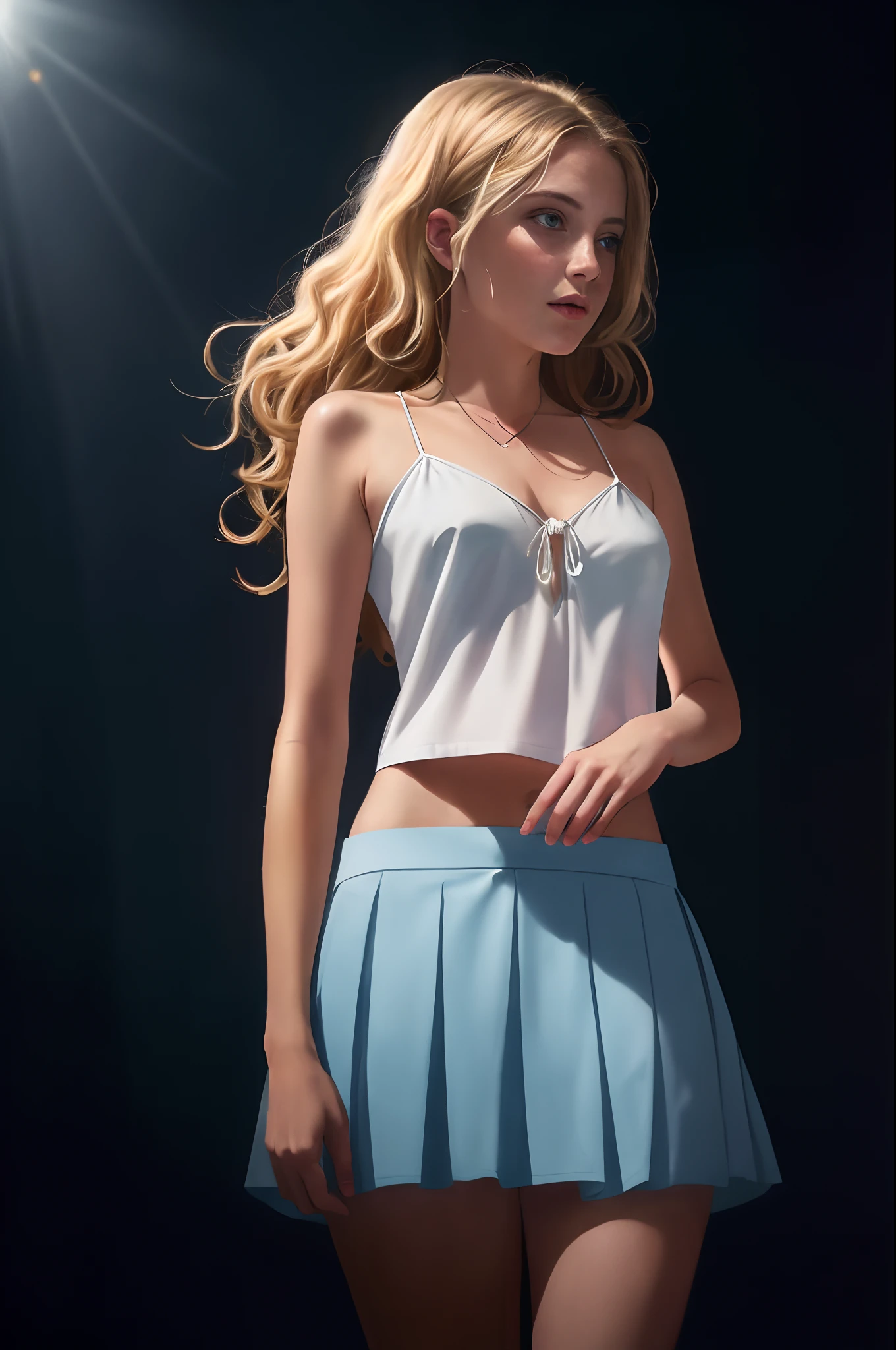 ((European )), beautiful girl, light blue eyes, white top with spaghetti straps, very large decode, tiny blue pleated skirt, no panties, realistic vagina, close-up from thighs to face, shot from below, very light skin , very long hair, wavy hair, blonde hair, ancient temple, sunrise, photorealistic, indirect lighting, volumetric light, ray tracing, hyper-detailed, best quality, ultra-high resolution, HDR, 8k