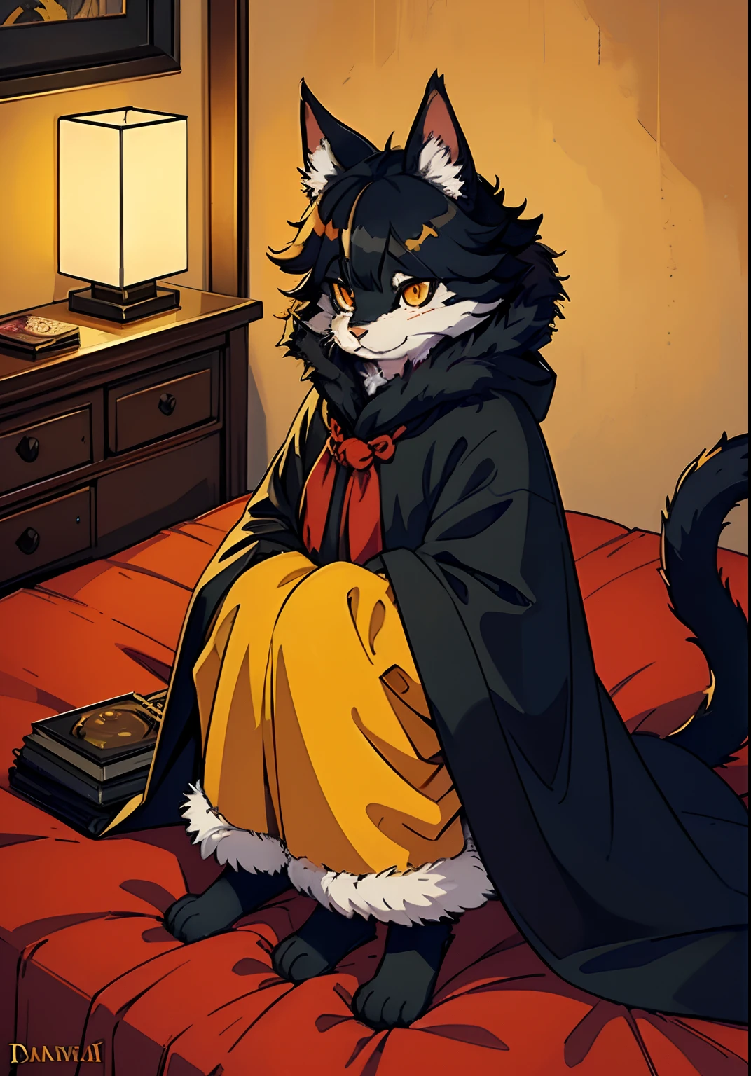 (ambiente dark:0.8),masterpiece,high quality,abstract res,digital painting\(artwork\), by dagasi, yupa,kiyosan,(anthro,fluffy fur,character focus:1.1),anthro male cat,short hair,portrait , eyes with brightness, in a panoramic view, Character focus.(detailedbackground:0.7), 独奏, shaggy, shaggy male, malefocus, anthr,(Full Body Furry, Fluffy tail, tan fur, red color eyes, Yellow-black hair:1.2), (long canines、cloaks:1.2),(interiors、the night、famiglia、Beds:1.1) --auto