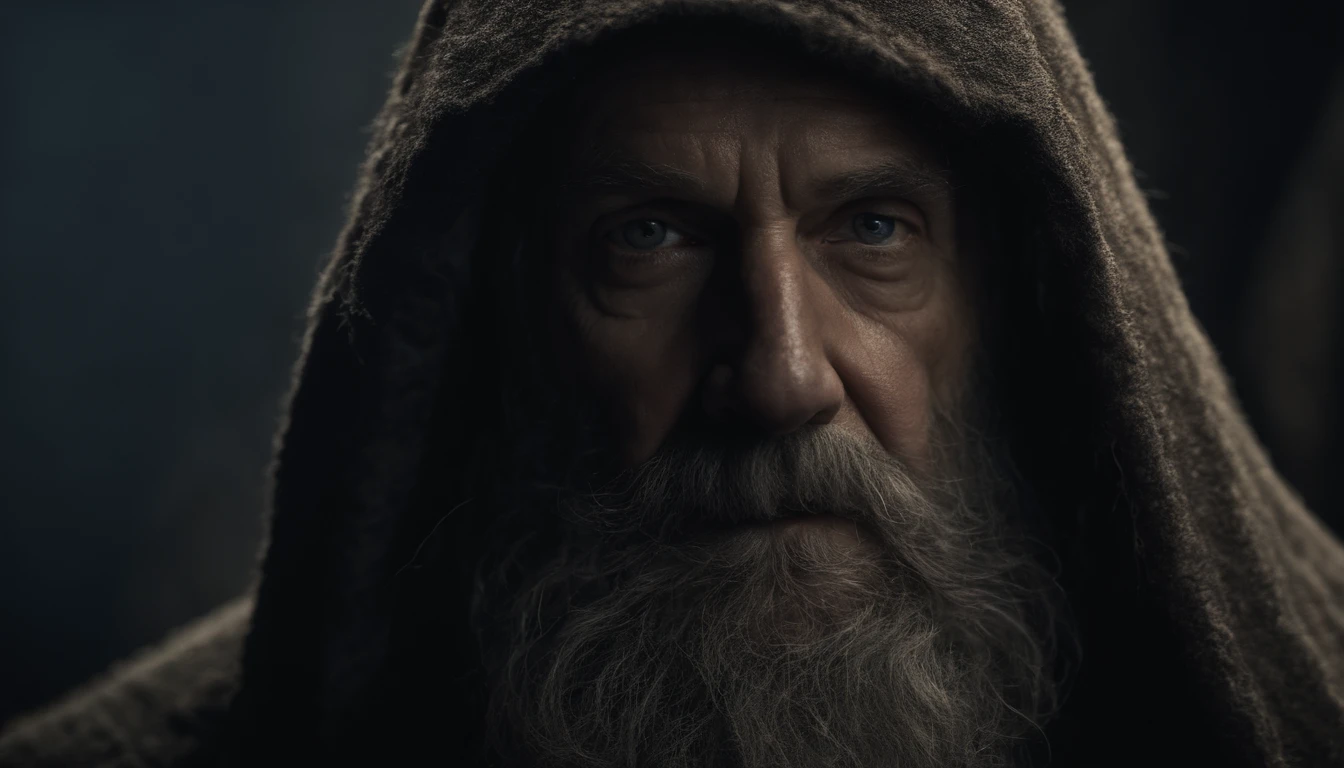 photo, evil old hermit, medieval, piercing_deep-set_eyes, wrinkled face, dark_stichted_cloak, (dramatic lighting:1.25), (dark background:1.2), (dirty_ unkempt_gray_hair:1.2), (long_shaggy_beard:1.3), (faded colors:1.1) , (sharp focus:1.1), (shadows:1.2), (subtle HDR:1.3), (realistic skin texture:1.25), (detailed hair:1.2), (gritty texture:1.1), (cinematic look:1.2) , (power pose:1.3), (blush:0.5), (goosebumps: 0.5), subsurface scatter, detailed_grey_eyes