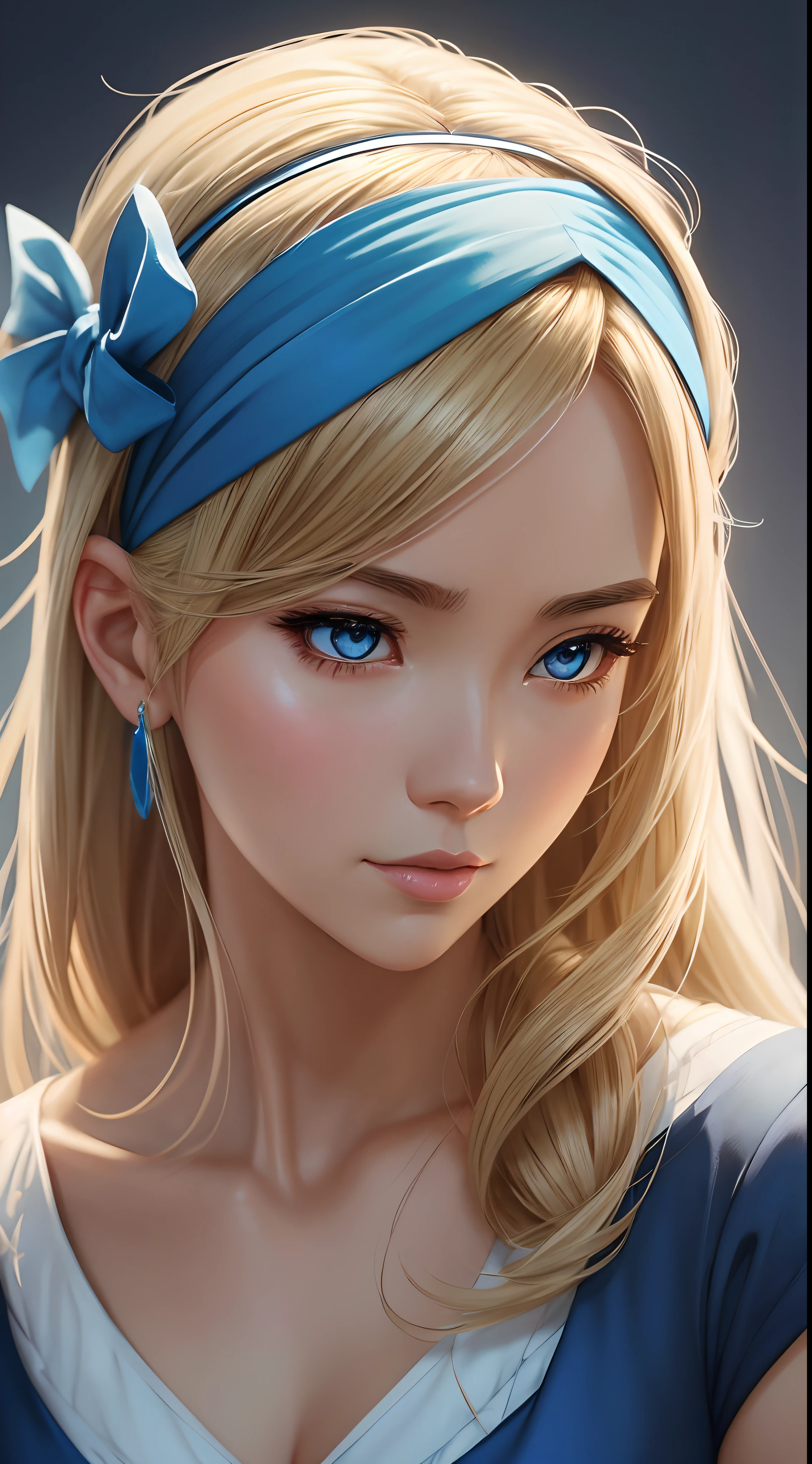 a close up of a woman in a blue dress with a white headband, artwork in the style of guweiz, ig model | artgerm, extremely detailed artgerm, hyper realistic anime, soft portrait shot 8 k, artgerm. anime illustration, in the art style of bowater, blonde - haired princess, 8k artgerm bokeh