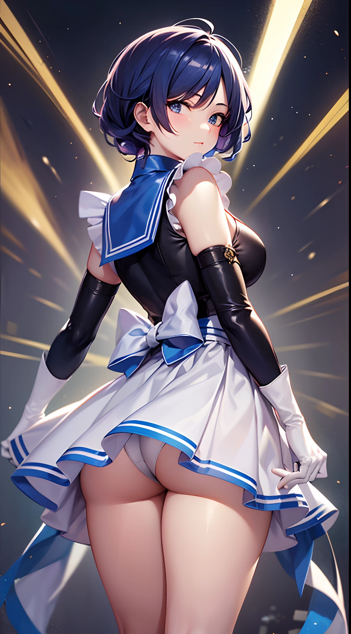 Best quality,Masterpiece,21 years old,1lady,mature face,bishojo,At night,Rich background,Sailor Mercury,tall girl:1.1,Sailor warrior suit, Blue hair, hair has covered one eye,Blue pupils,Long latex gloves,hedge,Curly hair,Long legs:1.2,tall legs:1.2,very tall,smooth legs,smooth thighs,Slender:1.2,beautiful legs:1.3,Thin legs,Thin thighs:1.2,standing:1.1((,From behind:1.1)),dynamic posture,Full body shot:1.2,White solid blue skirt, Blue collar,The bust apron is decorated with a light blue bow, Solid blue round gemstone on bow on chest,White three-ring gloves,Blue-and-white-edged half-heeled boots,