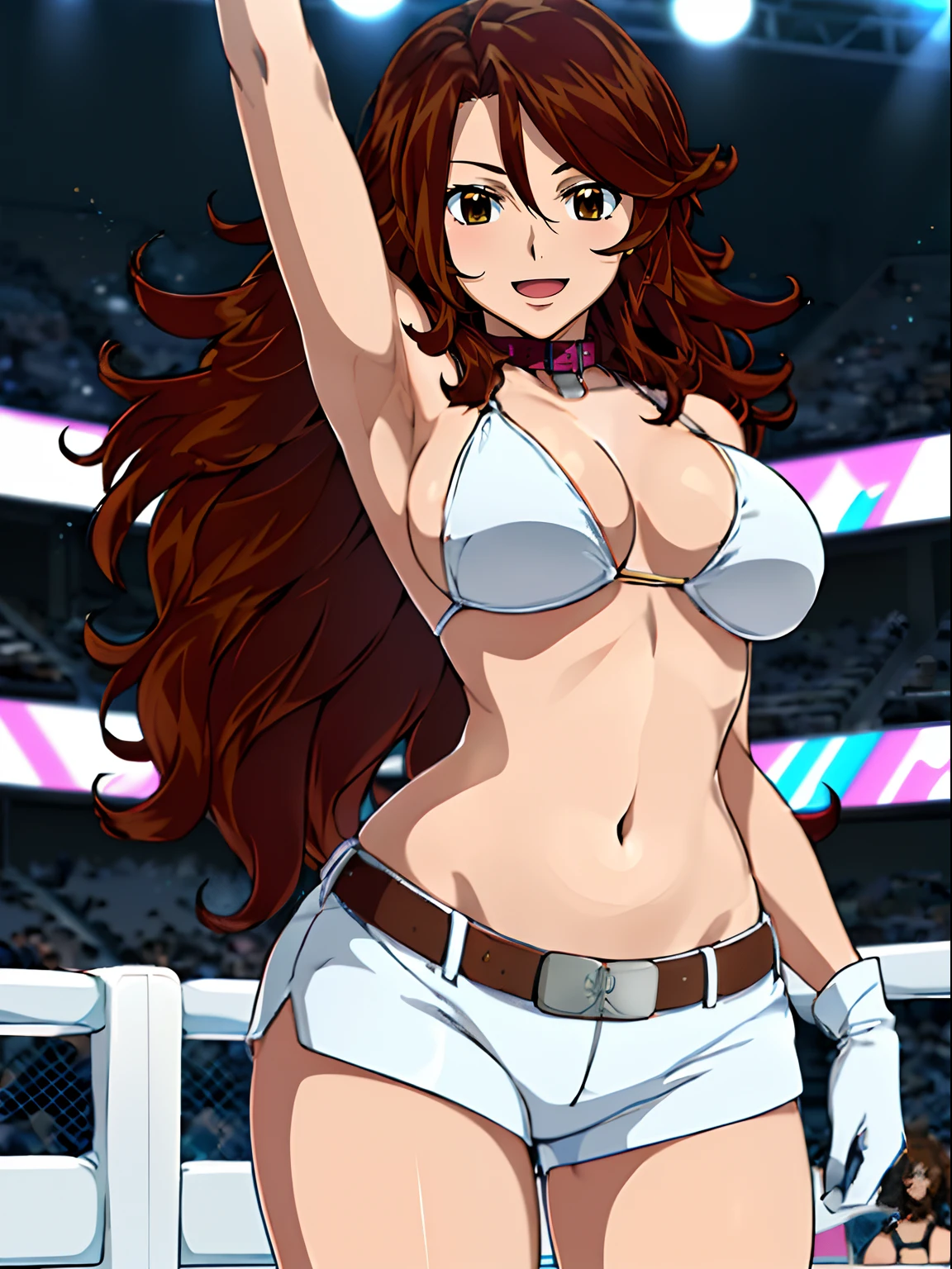 nice body, , anime style: 1.8, anime drawing, ultra detailed face, ultra detailed body, , 4k, Sumergai Lee Noriega, (standing), best quality, anime style, hires, highest definition, digital blending, bold drawing lines, ((slim waist, female wrestler), (location: wrestling arena, crowds watching), ( slim body, athletic , little biceps, thighs, off-shoulders, (curvy: 6.8), lighting, spot lights, very shiny skin), ((white bikini, shorts, groin, , white gloves, collar, belt)), victorious, winner, , (very big round breasts, smile), (big eyes, brown eyes), (clapping), (brown hair, loose hair, curly hair, wavy hair, long hair, missy hair), 27 years old, (dancing)