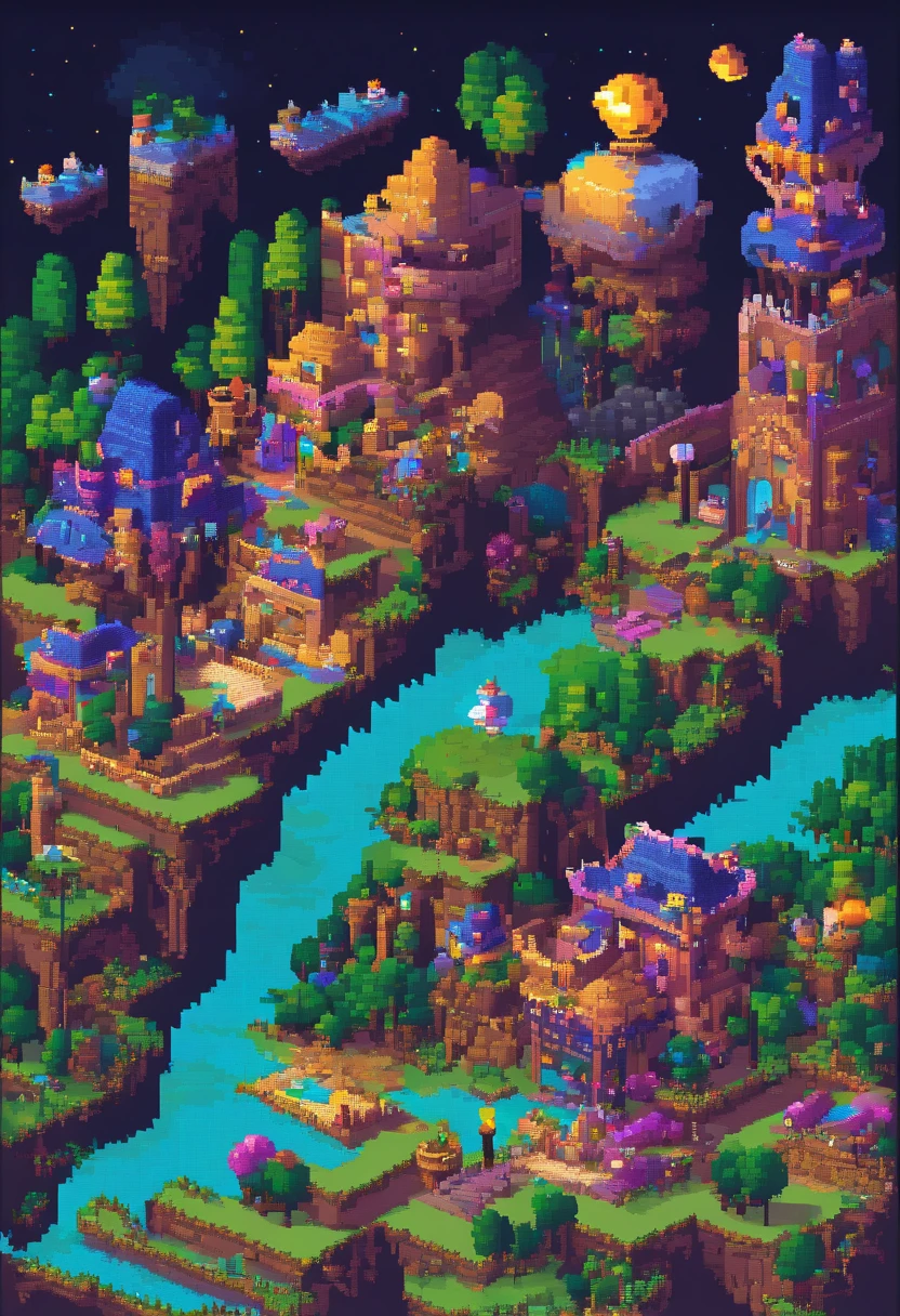 A gaming world. Night. 3d pixel art 4k wallpaper. Incredible pixel art details. Pixel art. Detailed unreal engine pixel art