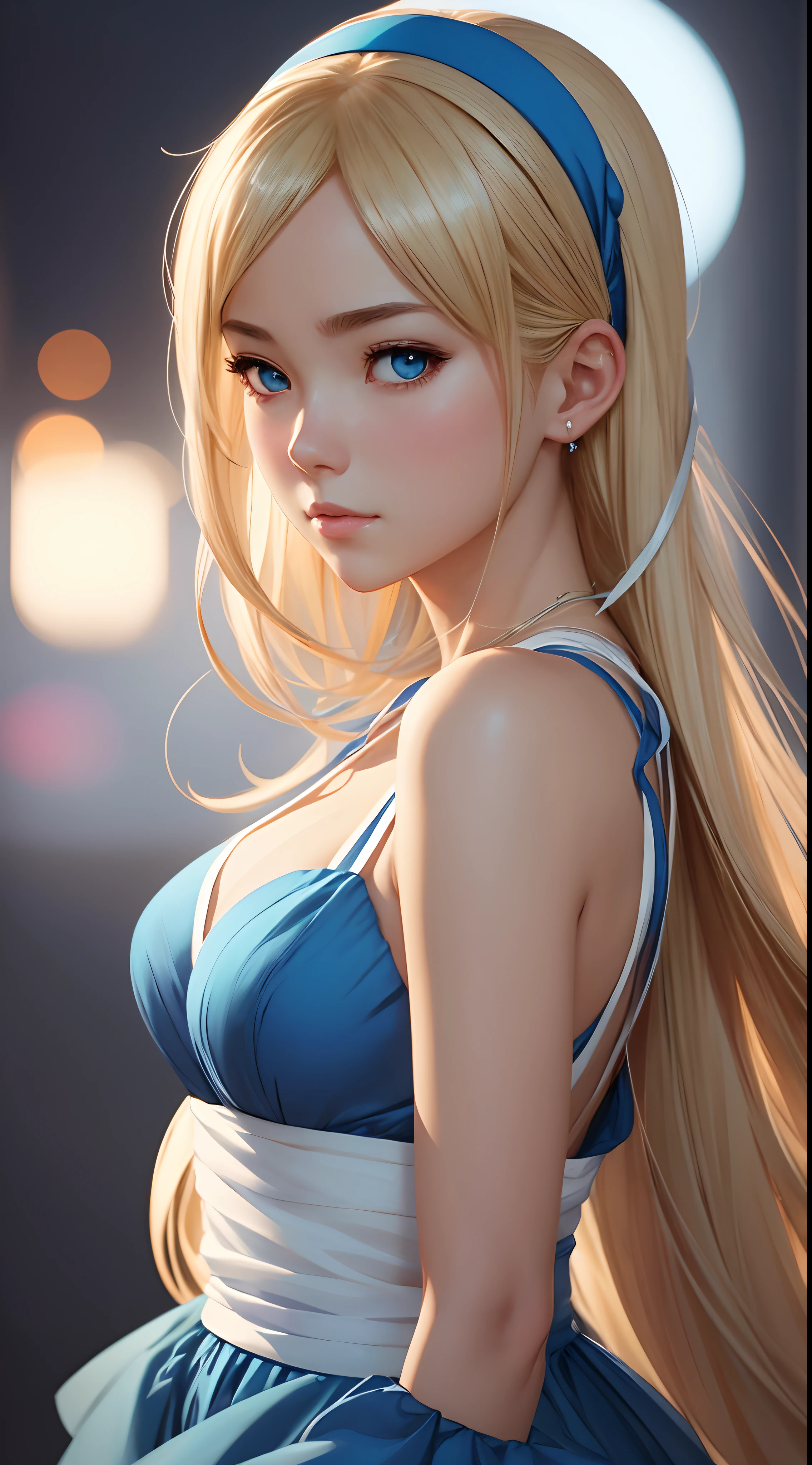 a close up of a woman in a blue dress with a white headband, artwork in the style of guweiz, ig model | artgerm, extremely detailed artgerm, hyper realistic anime, soft portrait shot 8 k, artgerm. anime illustration, in the art style of bowater, blonde - haired princess, 8k artgerm bokeh