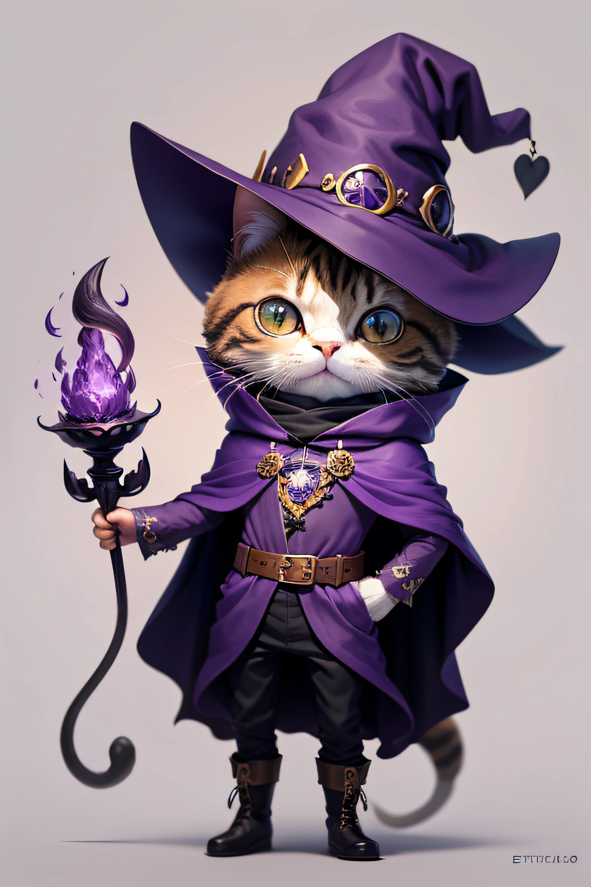 Cute cartoon sticker of a cat dressed as a wizard with a dark purple cloak, Estilo de dibujos animados, halloween