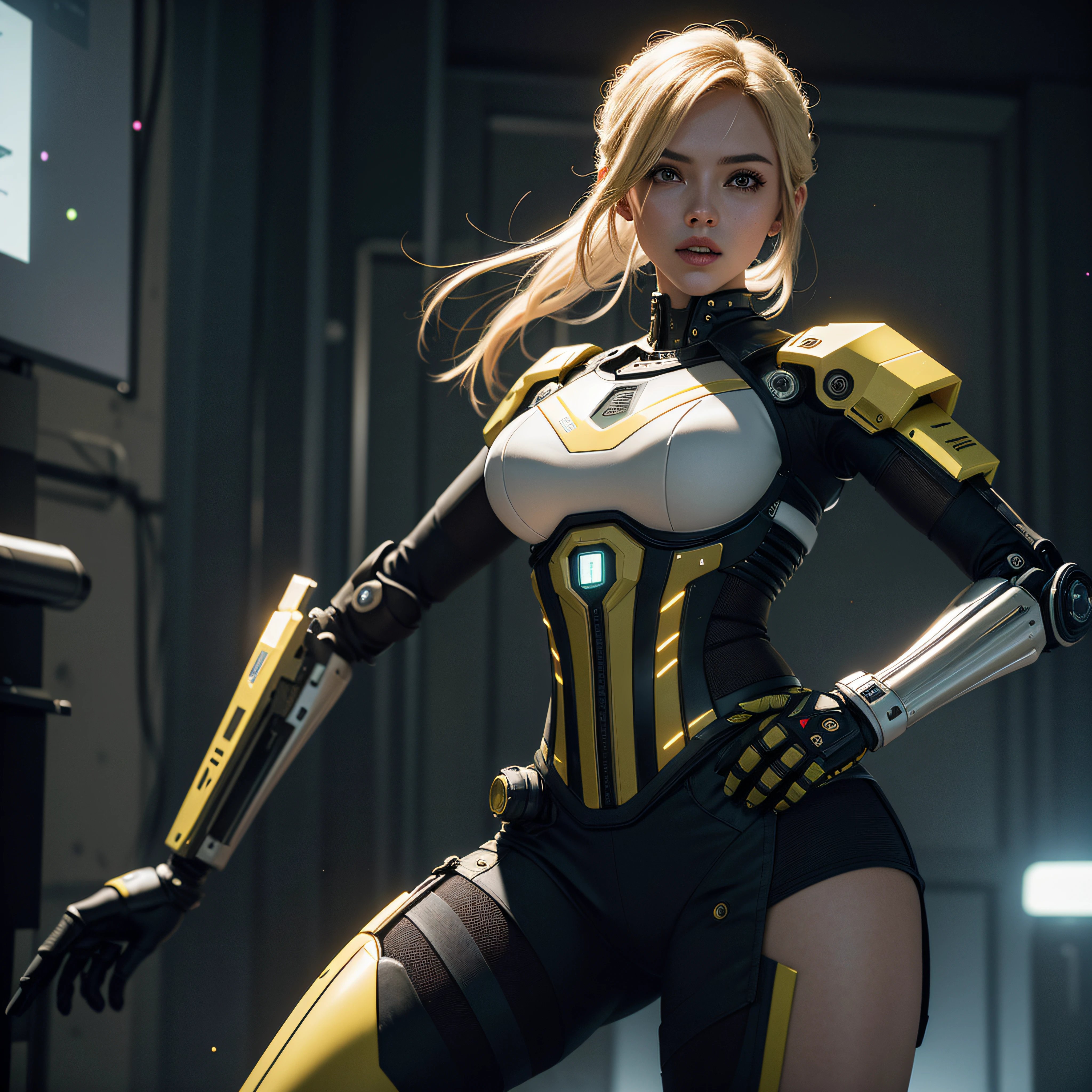((calidad superior)), ((obra maestra)), ((realista)), (Los detalles), (fotorrealista:1.5), Science-Fiction, HDR, Trazado de rayos, NVIDIA RTX, Los ultra-Highres, Irreal 5, Sub-Surface Scatterring, PBR texturizado, Post-procesamiento, Anisotropic filtering, Profundidad de campos, maximum sharpness and sharpness, Regla de los tercios、8K RAW、(Luminescent Particles:1.4)、(super-detailed CG、Unidad 8k Fondos de pantalla、lighting like a movie、destello de lente、foco nítido. Blonde girl with yellow corset, Robotic Parts, Cannon fire, guerra urbana, Armas, pistola, Arte cyberpunk、arquitectura cyberpunk