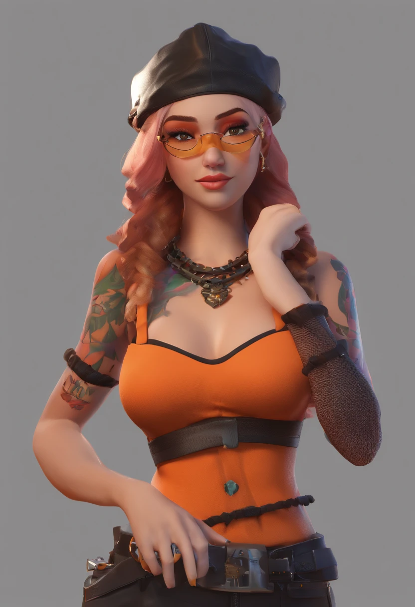 Fortnite looking character, 1girl, red eyes, long curly orange hair, pumpkin necklace, orange and black corset, black heart tattoo on face, long eyelashes, leaves on coset, black mini skirt, knee high orange boots, chains on boots, nose pierced, bat hair clip, bat bracelets, punk vibe