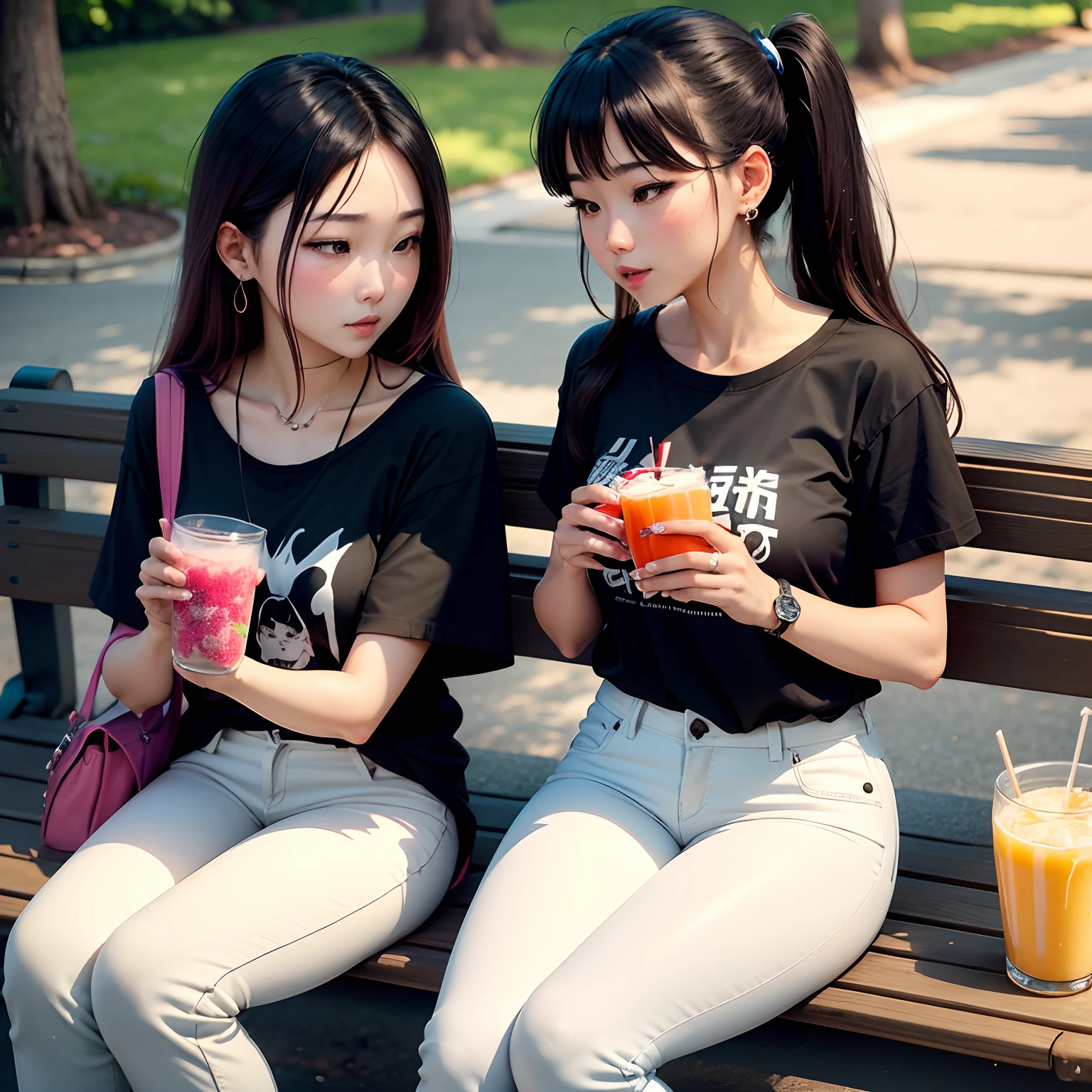 sitting on a park bench、2 Friends:　Cute and beautiful Japan woman eating juice and sweets　Black T-shirt and white pants　Long Glitter Earrings