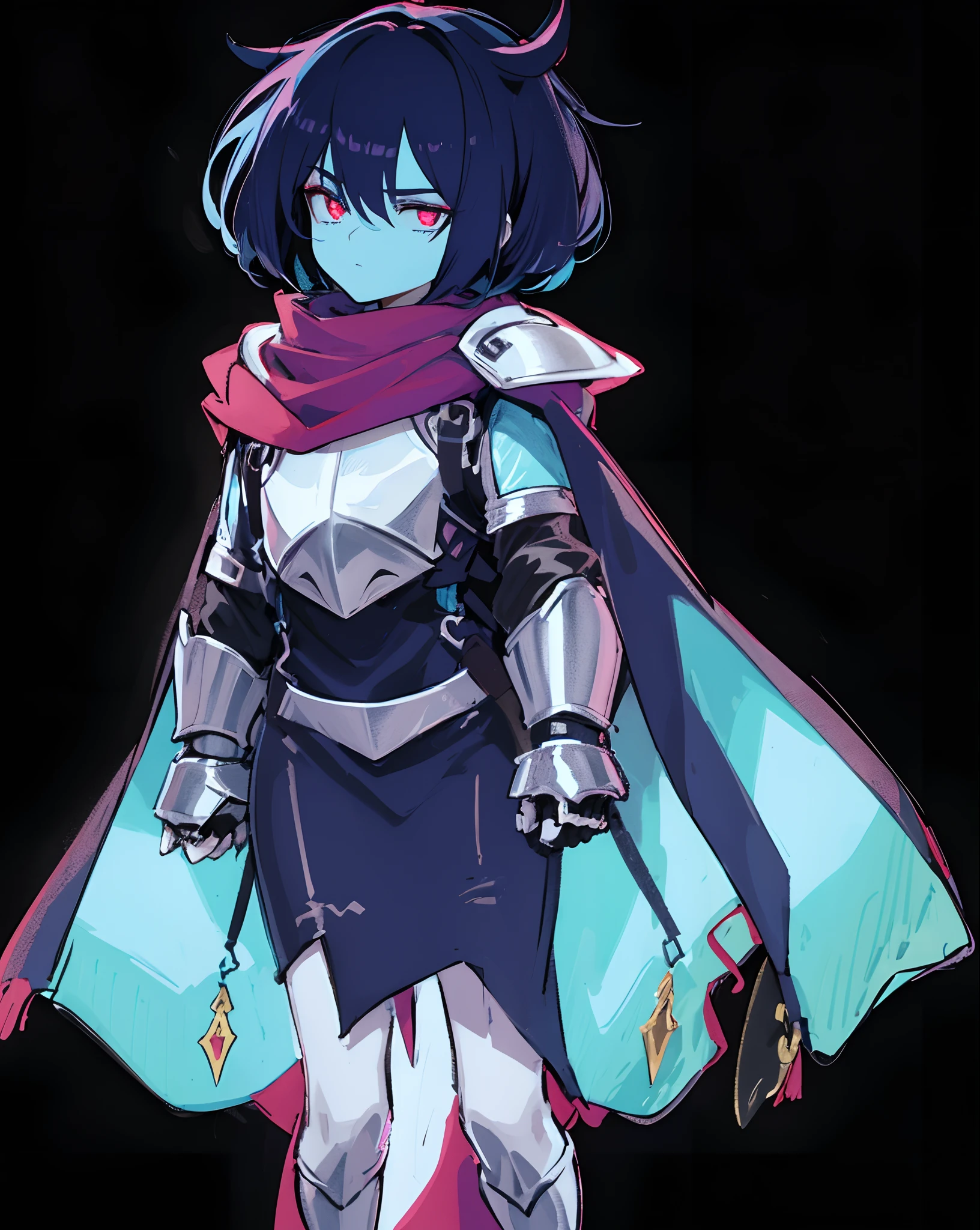 androgynous, dark blue hair, hidden eyes, red eyes, eyes covered, light blue skin, neutral face, cape, armor, pink scarf, hd, highres