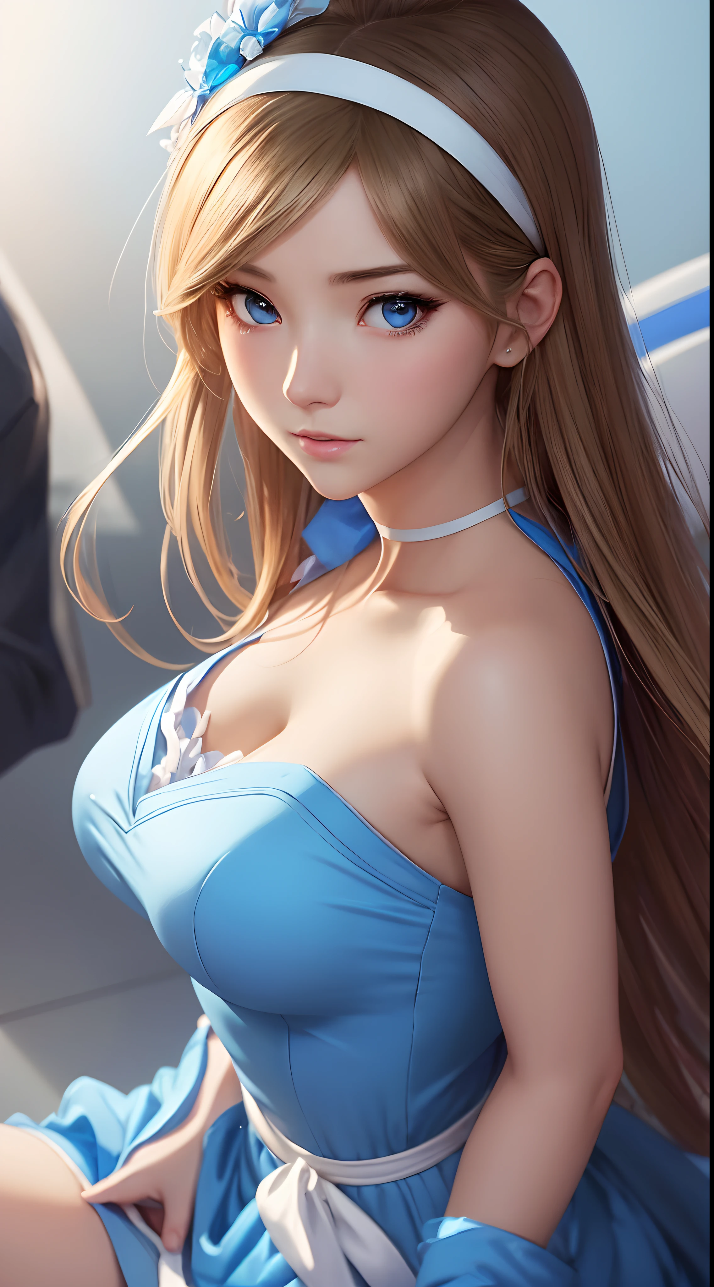 a close up of a woman in a blue dress with a white headband, artwork in the style of guweiz, ig model | artgerm, extremely detailed artgerm, hyper realistic anime, soft portrait shot 8 k, artgerm. anime illustration, in the art style of bowater, blonde - haired princess, 8k artgerm bokeh