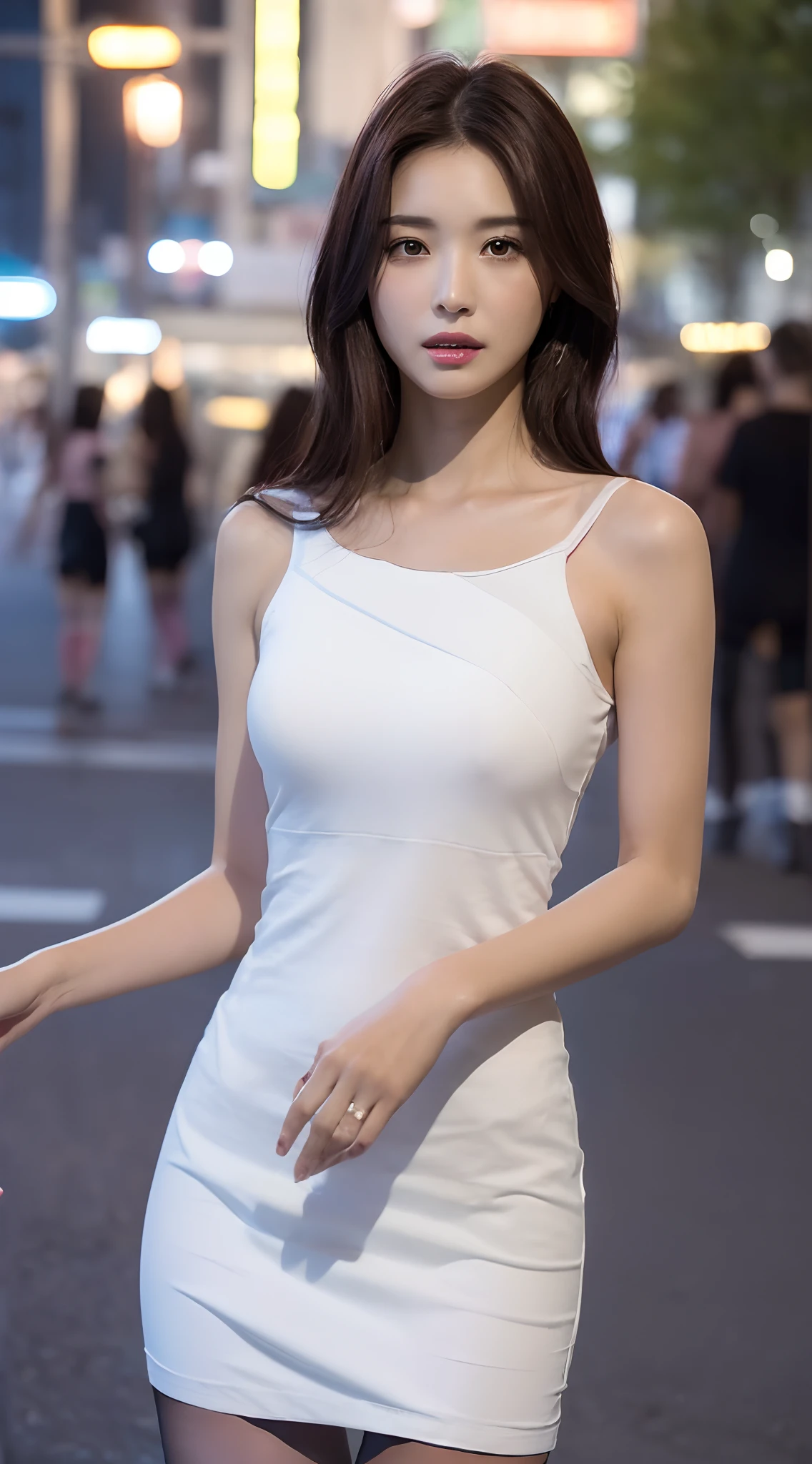 ((Realistic lighting, Best quality, 8K, Masterpiece: 1.3)), Clear focus: 1.2, 1girl, Perfect Body Beauty: 1.4, Slim Abs: 1.1, ((Dark brown hair)), (White dress: 1.4), (Outdoor 1.1), City Street Night View, Super Fine Face, Fine Eyes, Double Eyelids