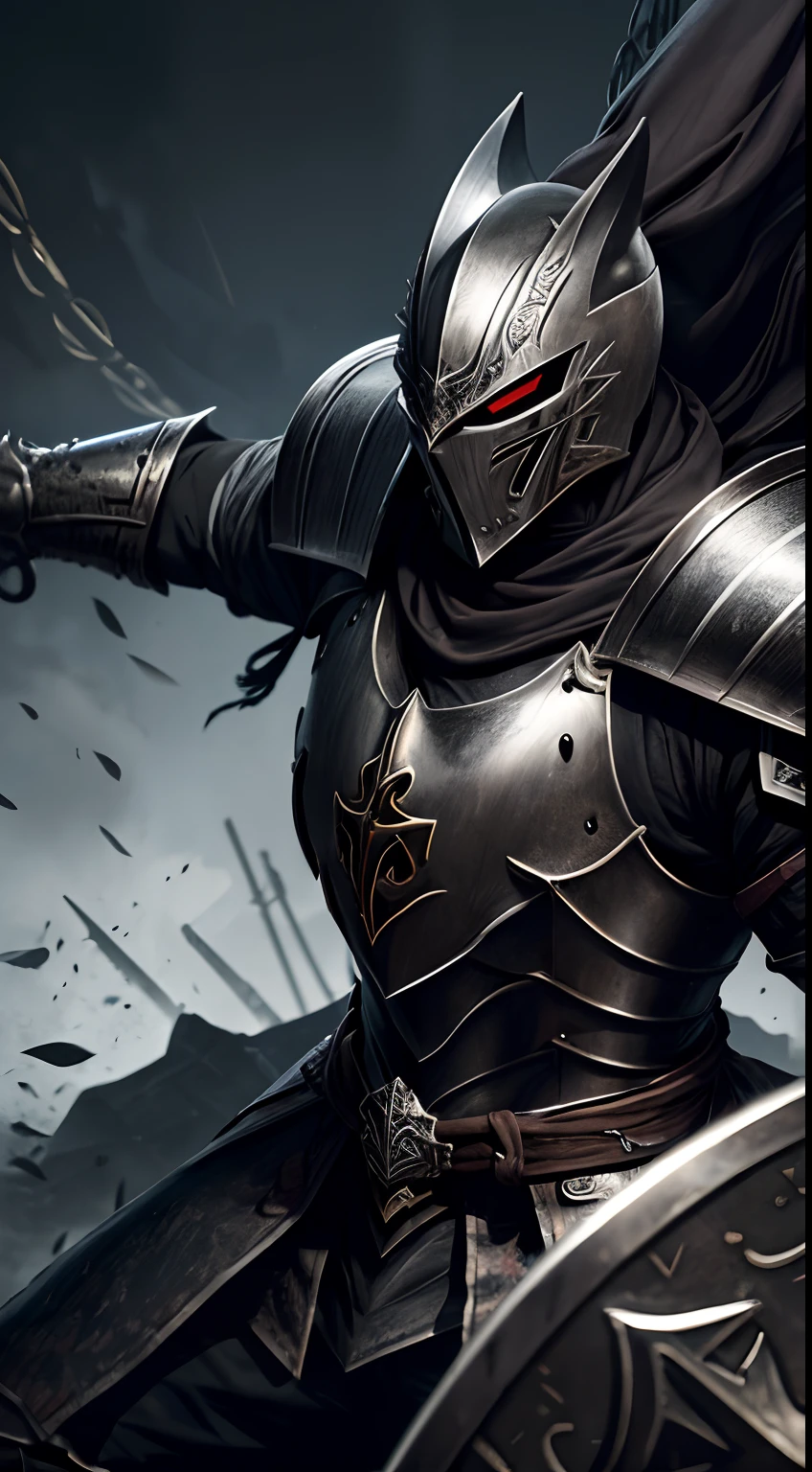 caracal mask knight, bloody cross, steel armor, middle age style, battle ground, black & silver colors, abstract background, fighting pose, masterpiece, ultra high details