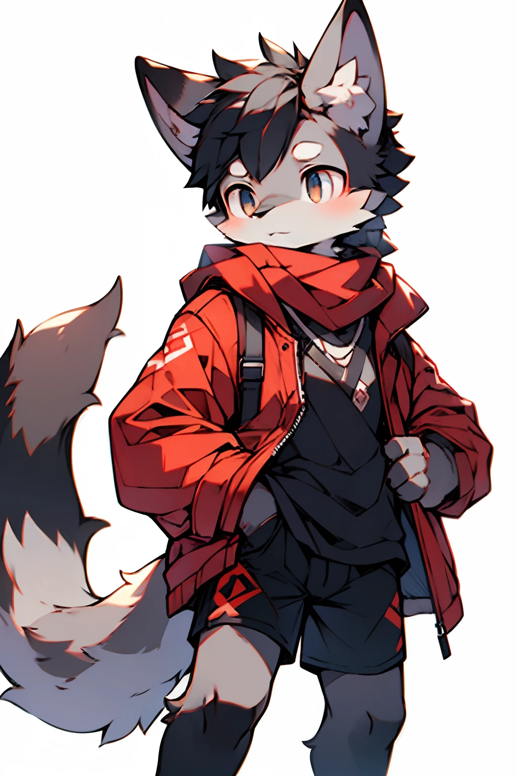 london, England, Twentieth century,gray wolf,Female,slender figures,Long thick black hair,There are two small braids,Run,Light gray,Black shorts,Red coat,Black shirt,dark gray eyes,Put your hands in your shirt pocket,Wearing a red scarf,Handsome(A masterpiece)(high qulity)(Clear structure)(Clear lines)(Background of extreme detail)(extremelydetailedcharacter)