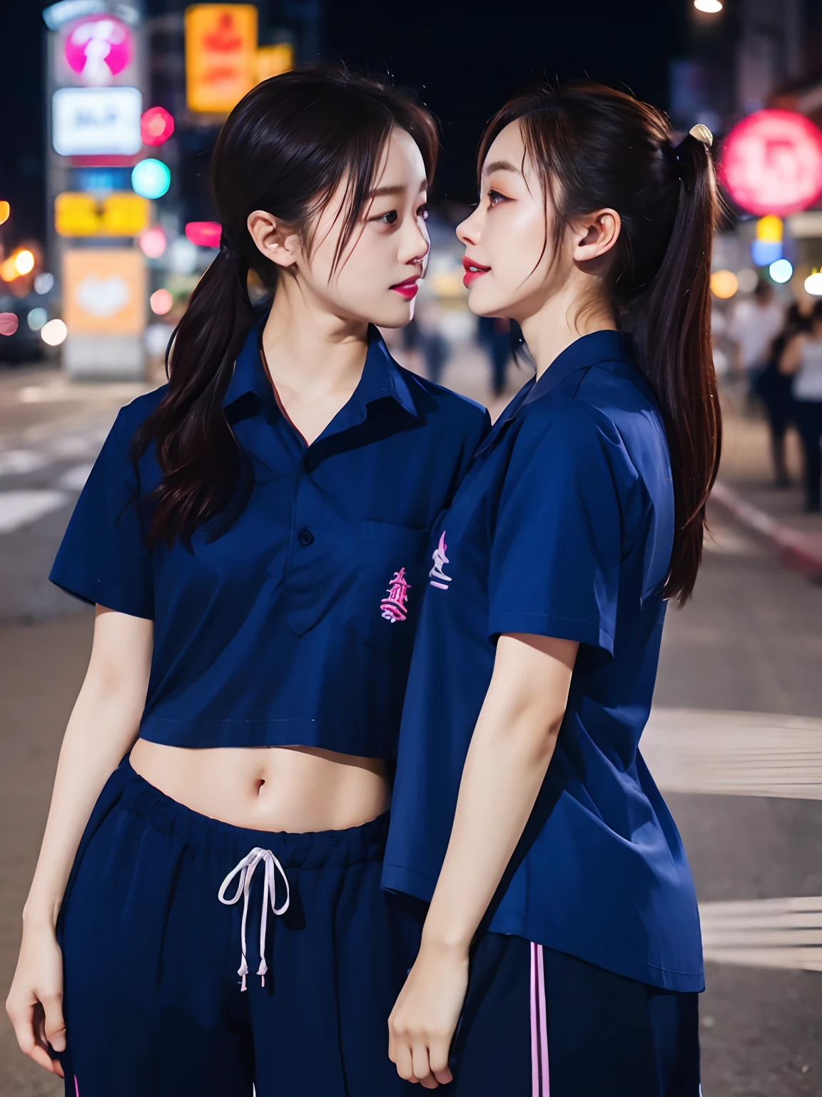 (10、RAW photography、top-quality、master-piece:1.2)、(Reality、real light:1.37)、超High resolution、deep depth of field、caustics、FujifilmXT3 Film、master-piece、ultra-detail、(2 Girls In)、Ages 16 and 28、lesbian、Shinjuku's Neon Street、nighttime、Night view of the city building、Sweat pants、Panjira、tapering、Sexy navel、(((Small)))、[Big butt]、[Thick waist]、blonde blonde hair、Stripes、Tiny faces、cowboy shot、camel toes、The shape of the pubic area is clearly visible,,、Erotic、สุนัขตัวเมีย、Dark Sunton Line、dark skin、Dark bleached lines、Naughty look、bumps that protrude from clothes;,,,,、Anatomically correct human structure、Areola Show Pass、from the side、master-piece, bestquality, ultra realistic, hyper-detail, 8k resolution, RAW photo, crisp focus, (2 girls in a café), ((Navy blue shirt:1.1)), short sleeves, Long Track, Perfect body, 2 mature women, 18yo, cinematic light,Sweatpants ,Gym Wear, 2 girls kissing in the kitchen, Realistic, lesbian
