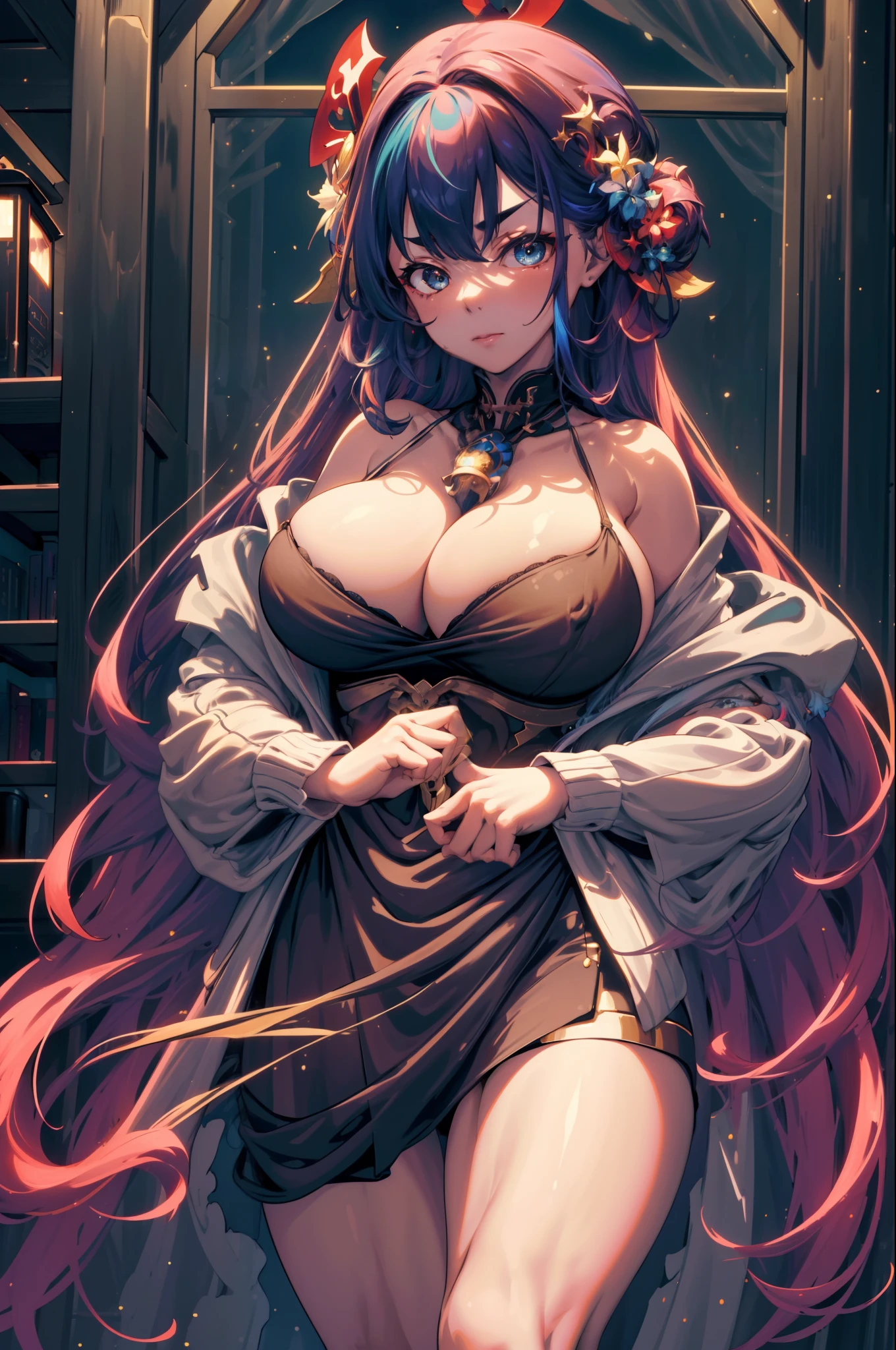 ((Best quality, 8K, Masterpiece :1.3)), 1girll, Abs beauty:1.3, (mid - length hair, huge tit:1.2), Sheer cardigan royal garment(shrine maiden clothe):1.1, Ultra-fine face, A detailed eye, 二重まぶた,Rainbow hair,eBlue eyes (fully body photo), Solo, 1 girl,standing on your feet,Fluorescent beach at night,Firefly Forest,fine art photography,(Movie Angle: 1.2),(Best quality, Detailed details, Masterpiece, offcial art, , 16k)