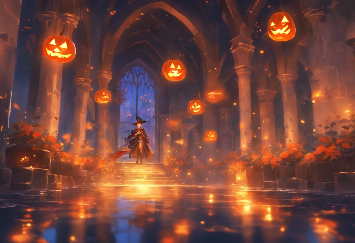 Halloween floating lights, cinematic light and reflections, Glowing lights, Intermediate metaverse elements，Digital painting, glowing reflections, Pondering, Halloween Jack Lantern, calm evening, Digital illustration, Beautiful atmosphere, Skylight at night, Peaceful evening atmosphere, Jack-o'-lantern, Halloween, the night, themoon, game scenes, Halloween, Surrounded by clouds, Architecture of medieval Europe, glazed tiles, European Union, Gorgeous colors, There are three arches in the foreground((Color ink)), ( (Splash ink ) ), ((Splash ink) Inky})), tmasterpiece, high qulity, Beautiful graphics, high detal,Magnificent