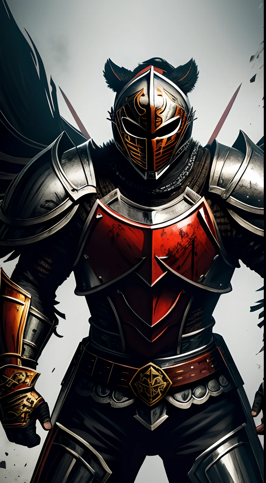 tiger mask knight, bloody cross, steel armor, middle age style, battle ground, black & silver colors, abstract background, fighting pose, masterpiece, ultra high details