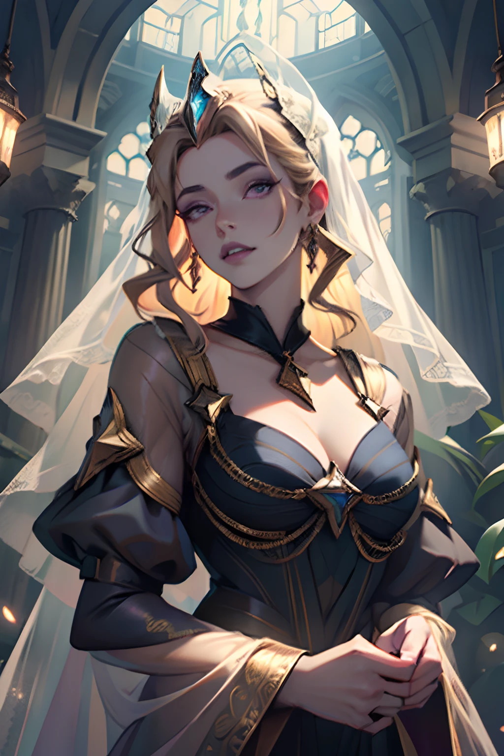 mulher adulta com cacheado loiro pessego cabelos longos volumosos, Wearing a dark purple and gold ta gothic dress in Mahou Shoujo style, with a dark purple veil on his head, Sente-se em um trono de Marbole, rosto hiper-datalhado, rosto bonito, perfect hands, detailed hands, rosto perfeito, vestido volumoso e exuberante, Vestido elegante, Vestido bonito, mulher bonita, vestido longo, Vestido bonito, ao fundo uma catedral obscura, melancholic and ethereal appearance, peach blonde hair, cabelo com frnaja, cabelo bonito e longo, loiro pessego, peach blonde, vestido roxo, vestido roxto e dourado, Vestido bonito roxo, cabelo com franja, vestido roxo, cabel ocom tira, vestido roxo, labios suculentos, fleshy lips, lips sexy, yummy lips, rosto perfeito, rosto bonito, rosto detalhado, olhos bonitos, boca perfeita, Grim expression, deprimida