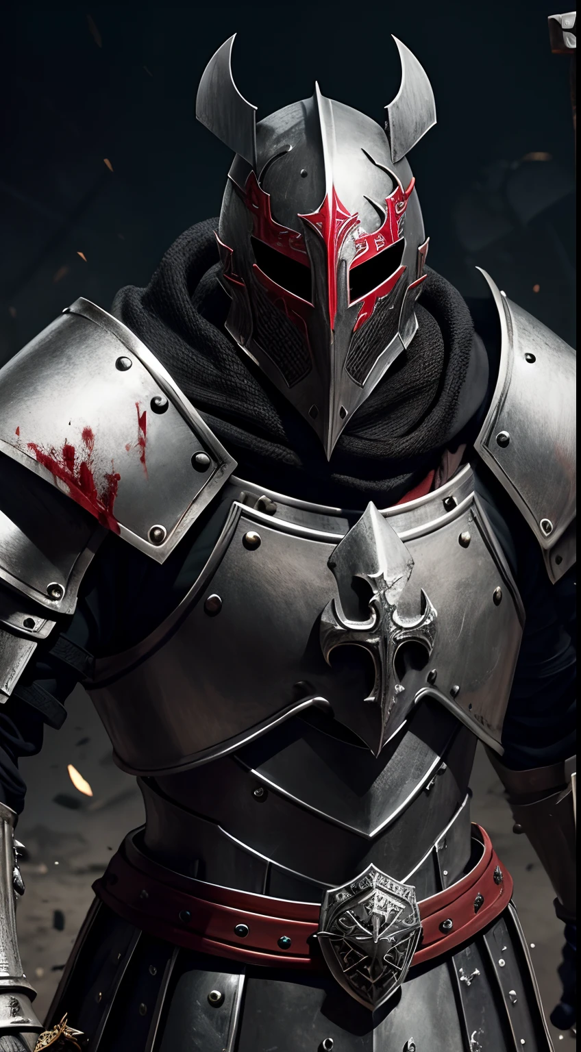 A close up view of a knight helmet with blood on it in the night 