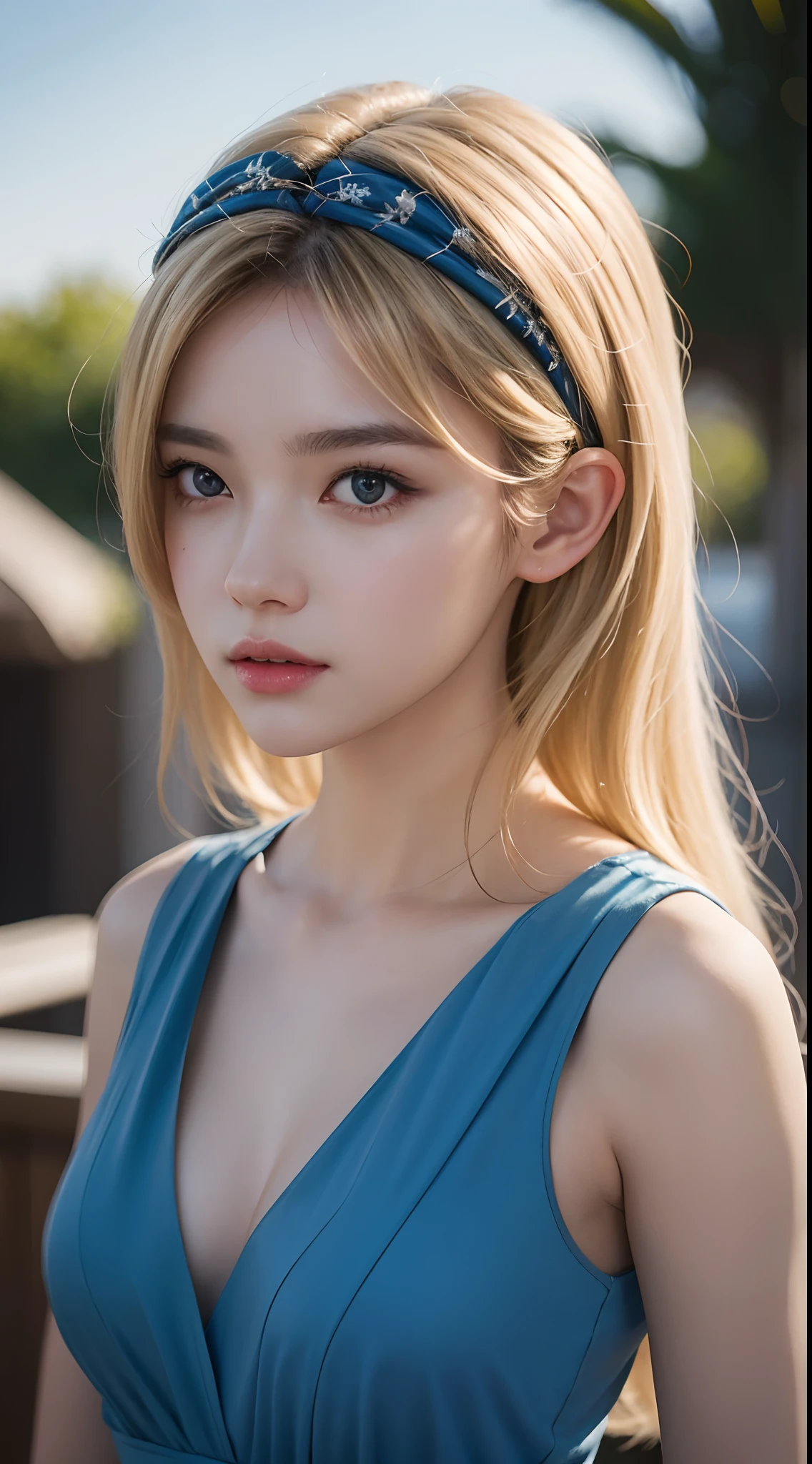 a close up of a woman in a blue dress with a white headband, artwork in the style of guweiz, ig model | artgerm, extremely detailed artgerm, hyper realistic anime, soft portrait shot 8 k, artgerm. anime illustration, in the art style of bowater, blonde - haired princess, 8k artgerm bokeh