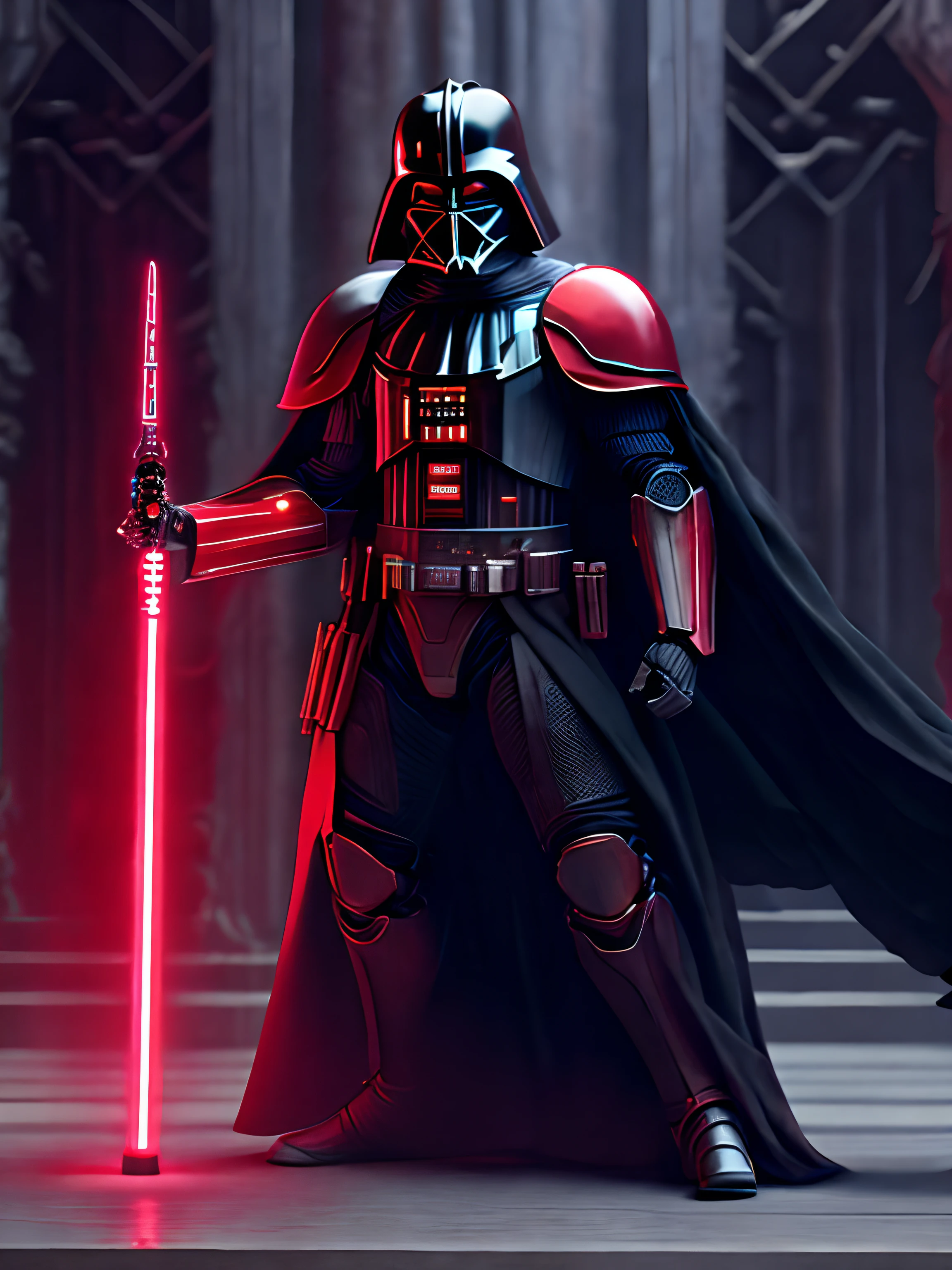 full body portrait of Darth Vder from star wars holding a red lightsaber biomechanical, complex robot, full growth, hyper-realistic, insane small details, extremely clean lines, cyberpunk aesthetic, masterpiece featured at Zbrush Central, gothic brutalist cathedral, cyberpunk, award-winning photo, bokeh, cybernetic limb