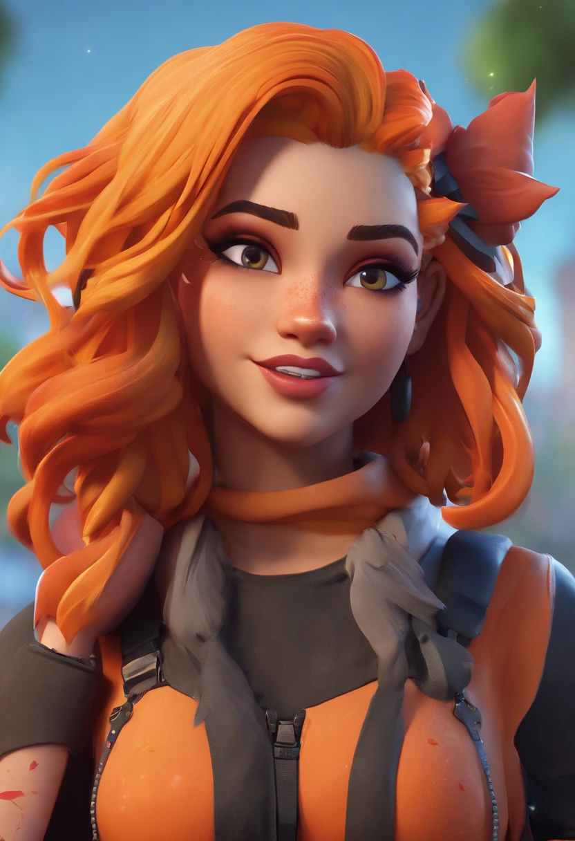 Cute Fortnite character, long orange hair, vampire fangs, orange eyes with long eyelashes, nose and face piercings, small bust, curvy, rosy cheeks, black makeup, fall inspired outfit, leaves in hair, lots of tattoos