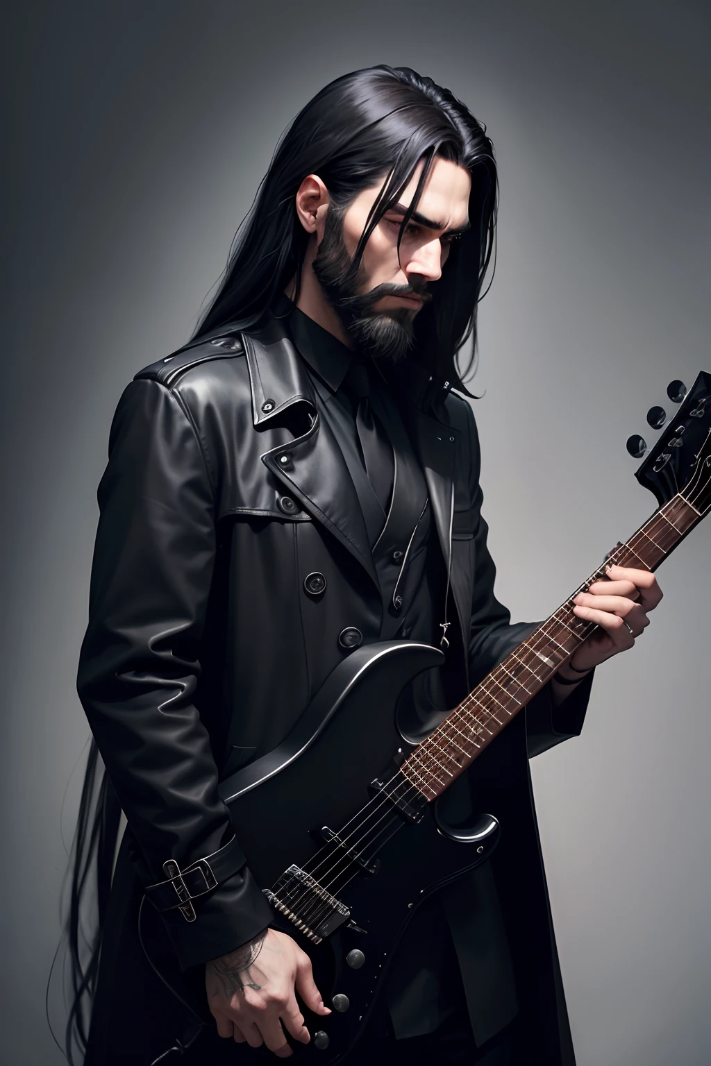 A man in black, with unkept long black hair and beard that obscure his face. He is wearing a black trench coat and holding a black electric guitar. Dark horror style.