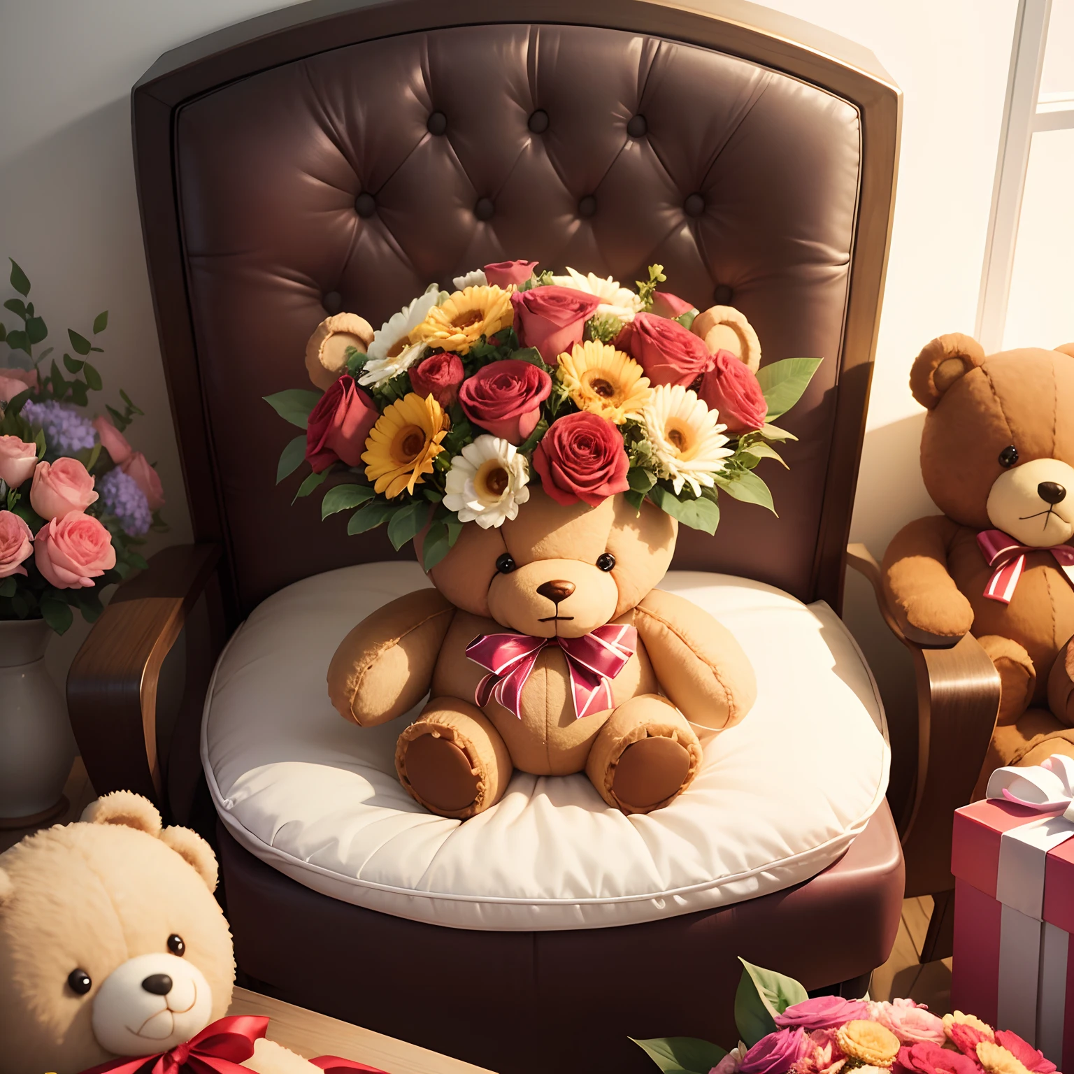 A bouquet of flowers and a teddy bear as a gift