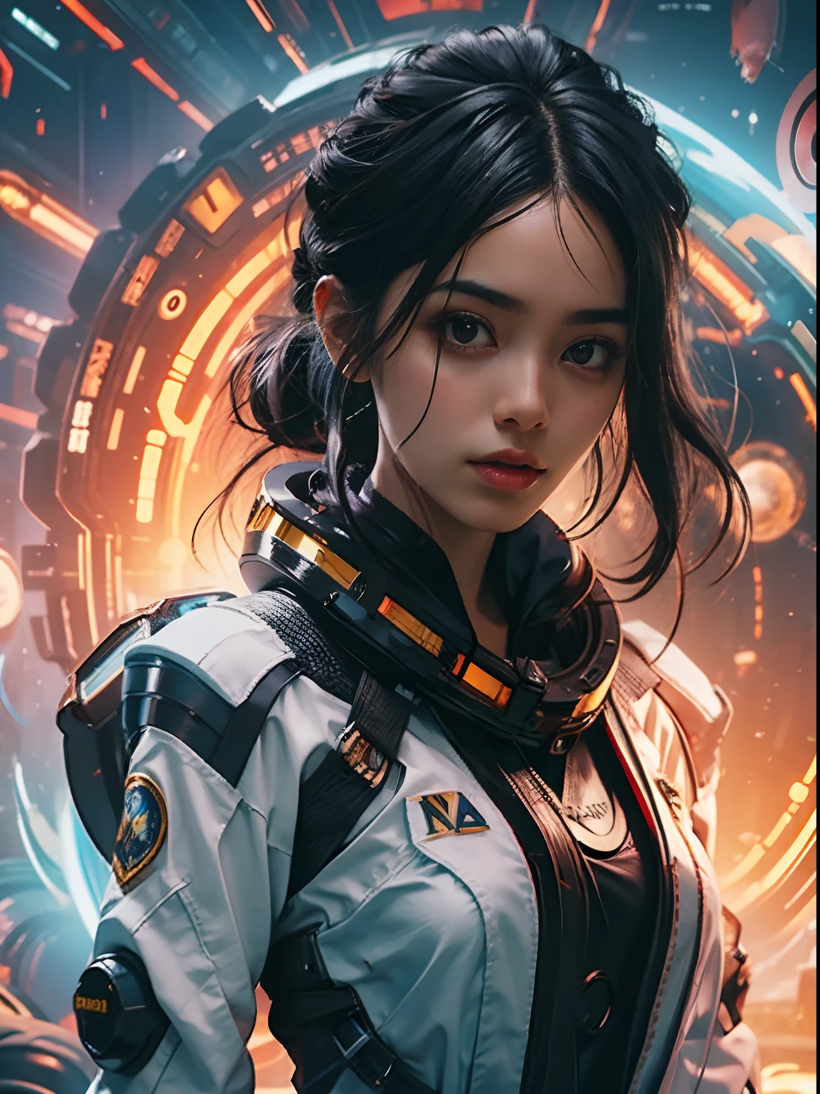 portrait of a black-haired young woman in zero gravity, the backdrop of the milky way and a supermassive black hole as background