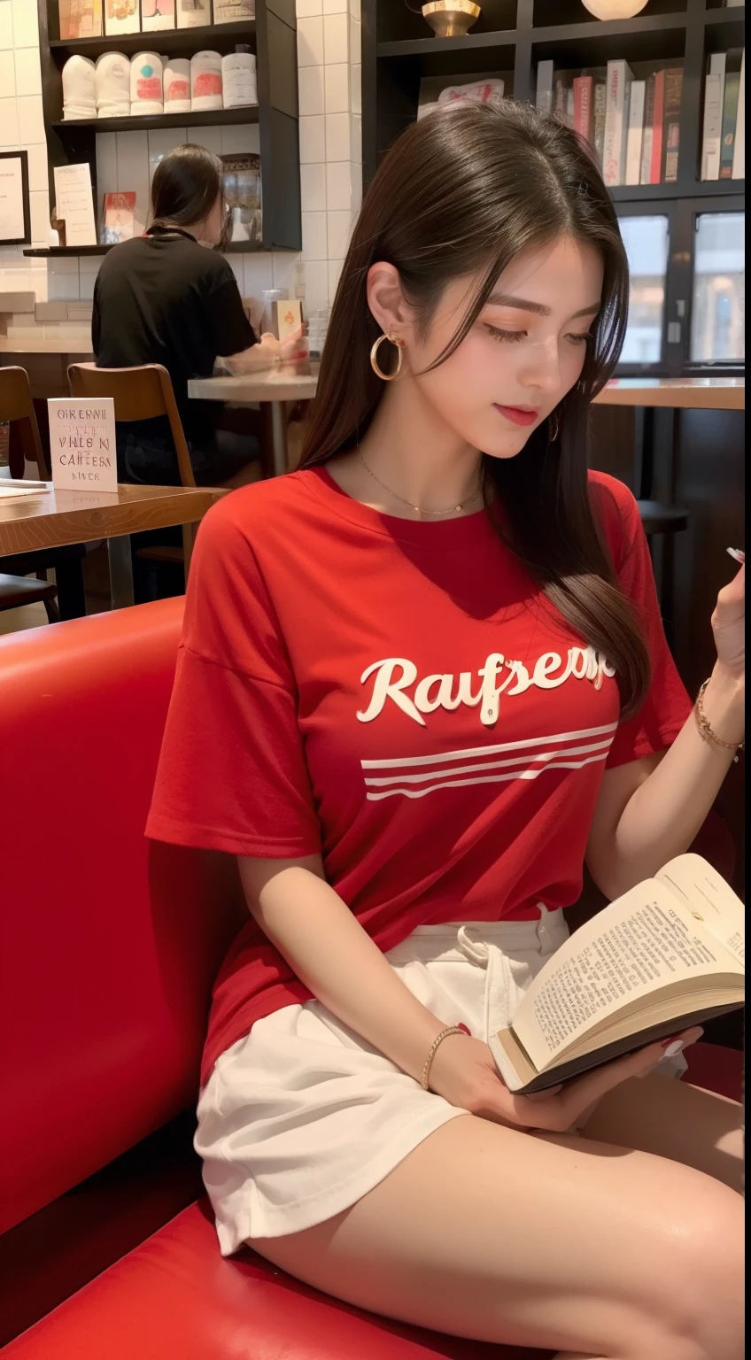Just this left woman、Reading a book in a café　beautfull Japanease woman　Red T-shirt and white shorts　Long Glitter Earrings