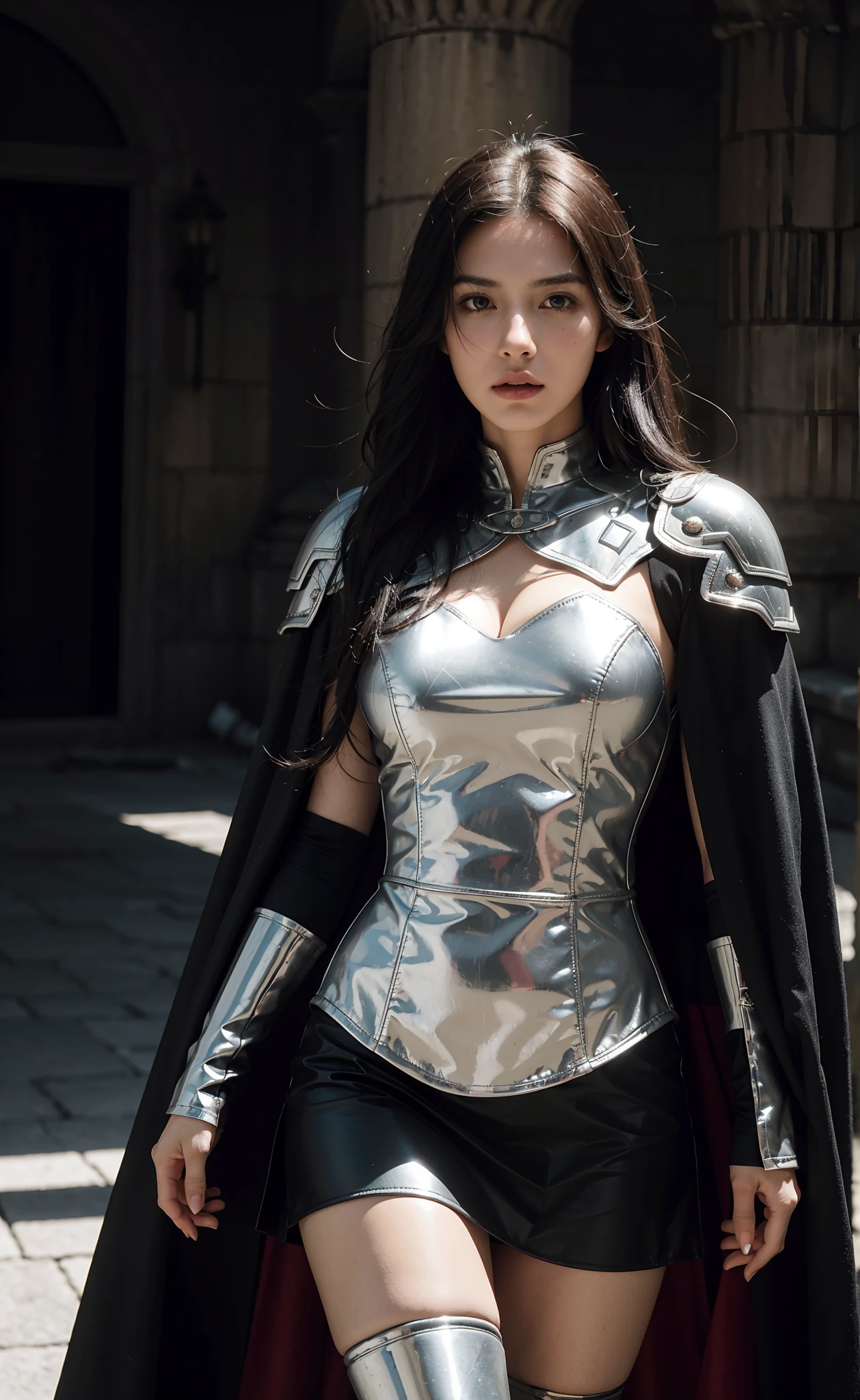 1girl, solo, female Roman warrior with red helmet and cape, long black hair, angry, extremely beautiful girl, roman warrior helmet,  subtle makeup, silver hour, photorealistic, high contrast, 8k HD, detailed, hyper-detailed, realistic skin texture, blonde hair, huge chest, neckline, best quality, ultra high res, raw photo, dramatic lighting, unreal engine, intricate diffuse glow and silver tab, black cape, battlefield, Standing