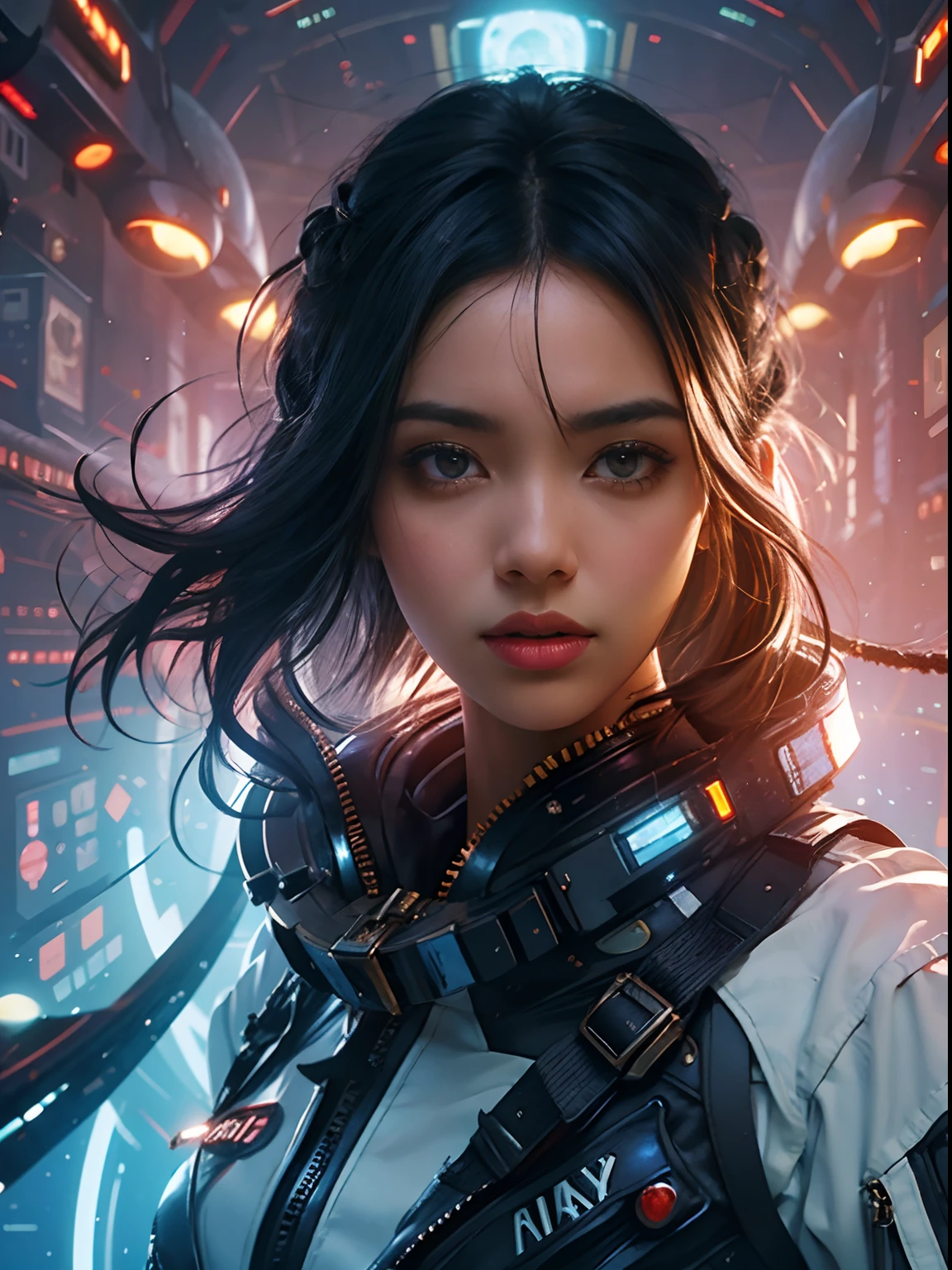 portrait of a black-haired young woman in zero gravity, the backdrop of the milky way and a supermassive black hole as background