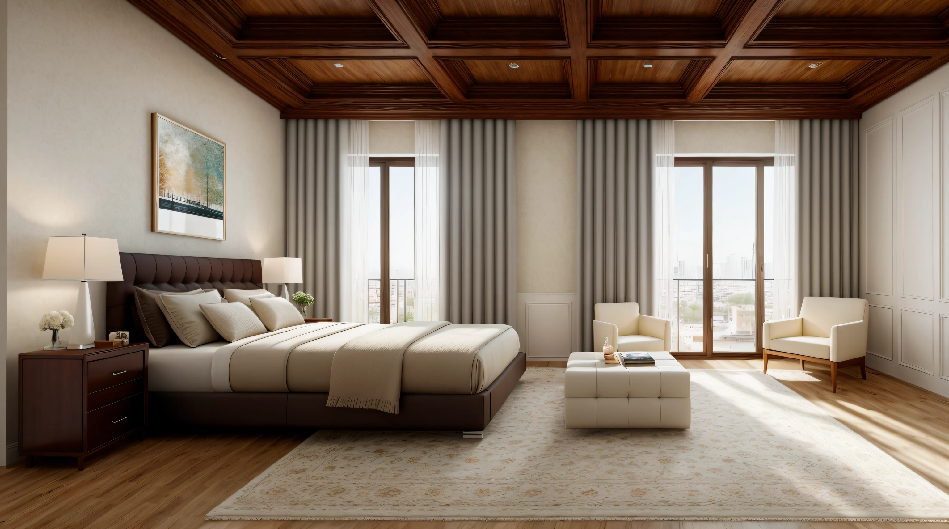 Masterpiece, high quality, best quality, realistic, super realistic, super detailed, furniture, modern bedroom, carpet, wooden floor, windows, curtains, daylight, vray,( ( plaster ceiling ,))