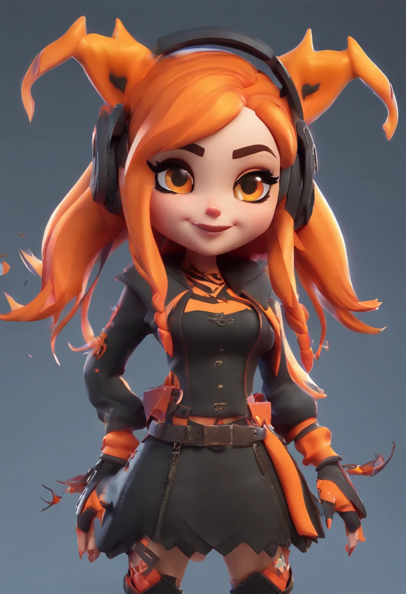 Cute Fortnite character, long orange hair, devil horns and tail, vampire fangs, orange eyes with long eyelashes, nose and face piercings, small bust, curvy, rosy cheeks, black makeup, fall inspired outfit, leaves in hair, lots of tattoos, black mini skirt, pumpkin combat boots