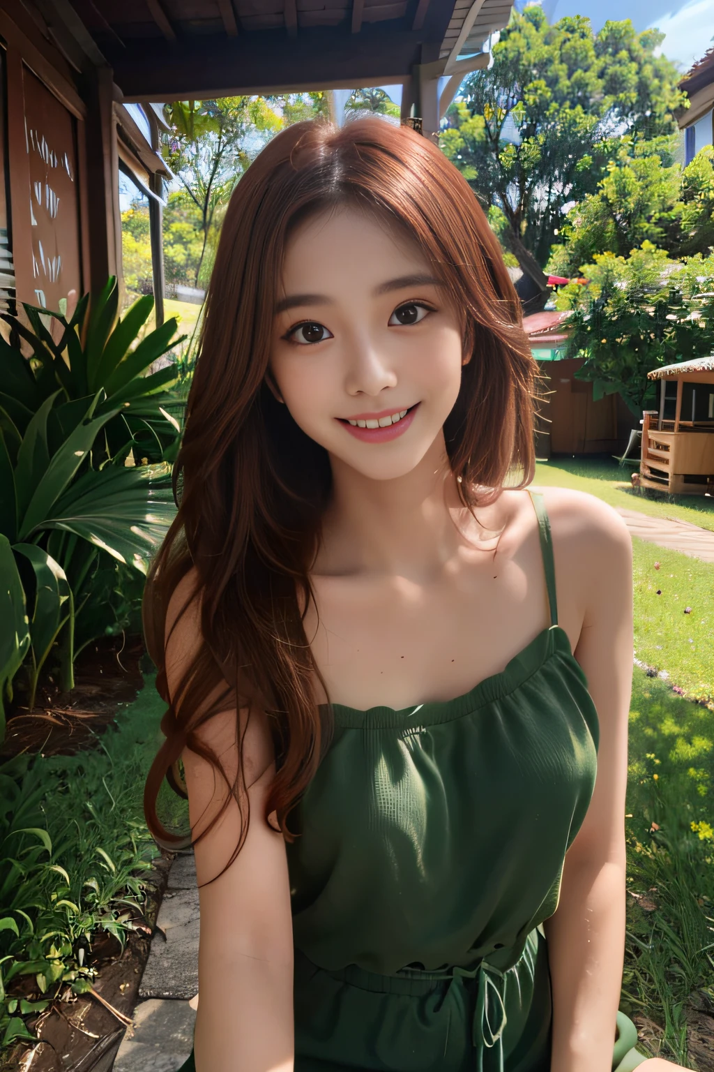 (alta qualidade, ultra-detalhado, fotorrealista: 1.37), Outdoors, Uma menina bonita, sorridente, adorable smile, red hair, olhos verdes, vestido com shorts pretos e camisa verde, bareshoulders, bra strap showing