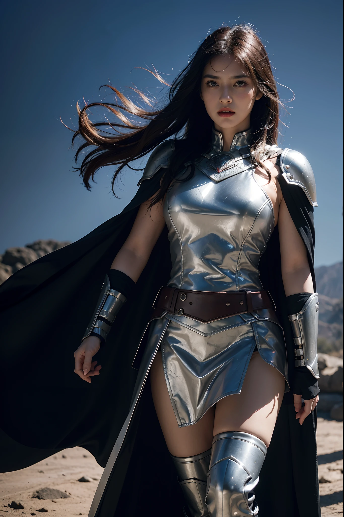 1girl, solo, female Roman warrior with red helmet and cape, long black hair, angry, extremely beautiful girl, subtle makeup, silver hour, photorealistic, high contrast, 8k HD, detailed, hyper-detailed, realistic skin texture, blonde hair, huge chest, neckline, best quality, ultra high res, raw photo, dramatic lighting, unreal engine, intricate diffuse glow and silver tab, black cape, battlefield, Standing