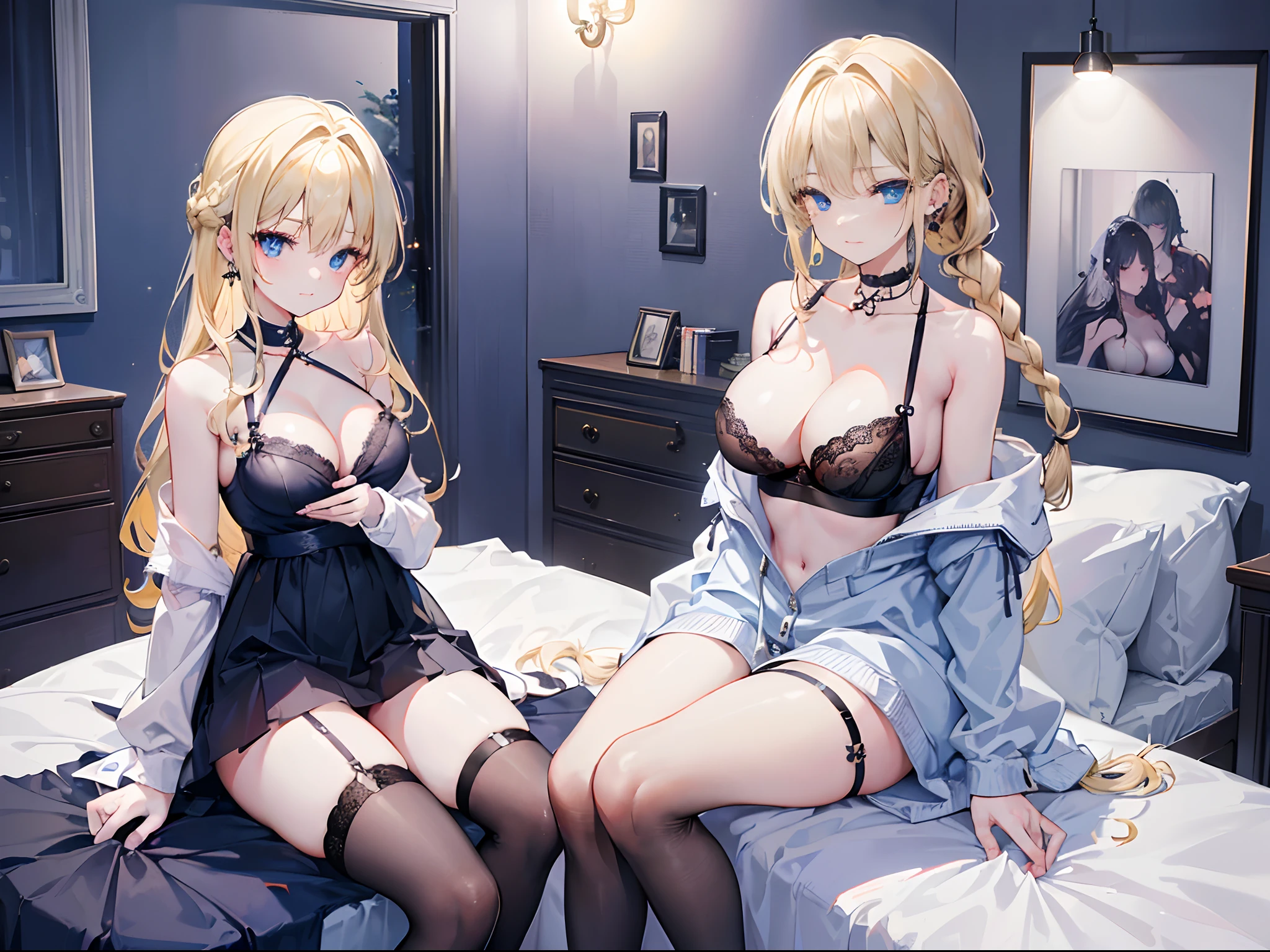 top-quality、highest image quality、10,master-piece、ultra-detail、Beautiful、It's beautiful....、Girl with((age is 18 years old、Black Underwear:1.7、Bust 92、Long blonde hair braid left and right..、Blue Eyes、lens、breast cleavage、Happiness、sit on a chair:1.2、Cross leg:1.2、Ear piercing))、equality、visual art、Background with((Bedroom at night:1.6)) alone