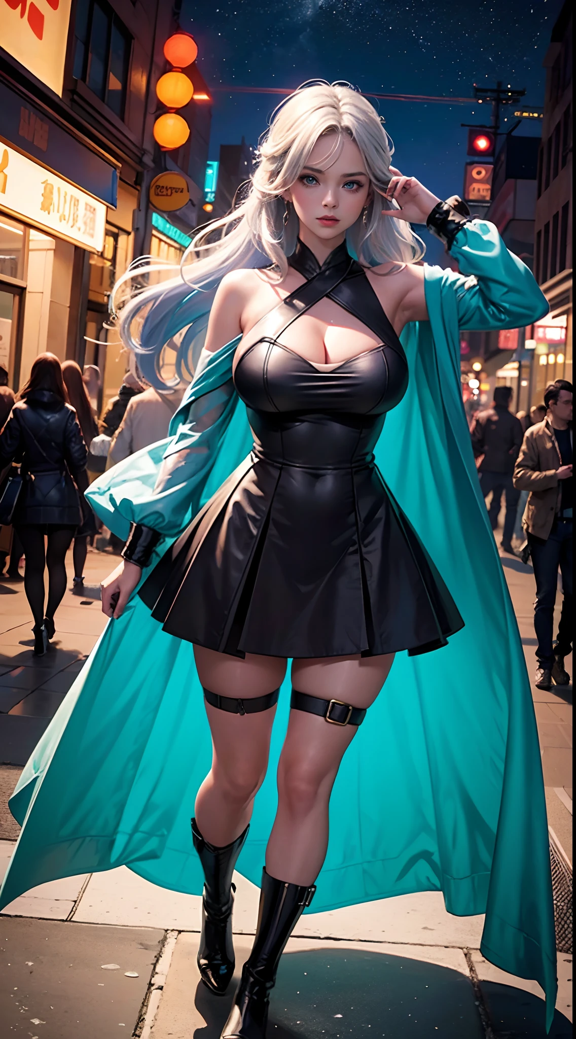 1girll, Abs beauty:1.3, (mid - length hair, huge tit:1.2),Cardigan transparent Supergirl costume,is shy,Cover your chest with your hands, Ultra-fine face, A detailed eye, 二重まぶた,Rainbow hair,eBlue eyes (fully body photo), Solo, 1 girl,standing on your feet,Fluorescent beach at night,fine art photography,(Movie Angle: 1.2),(Best quality, Detailed details, Masterpiece, offcial art)