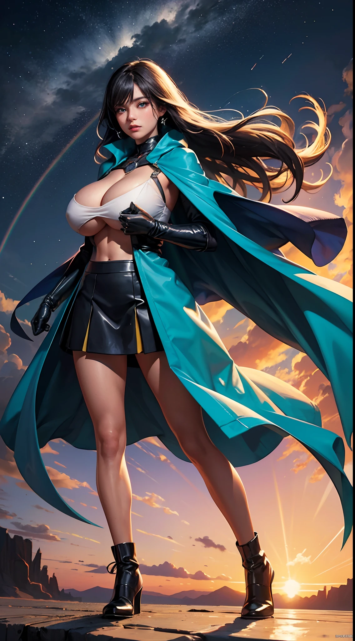 1girll, Abs beauty:1.3, (mid - length hair, huge tit:1.2),Cardigan transparent Supergirl costume,is shy,Cover your chest with your hands, Ultra-fine face, A detailed eye, 二重まぶた,Rainbow hair,eBlue eyes (fully body photo), Solo, 1 girl,standing on your feet,Fluorescent beach at night,fine art photography,(Movie Angle: 1.2),(Best quality, Detailed details, Masterpiece, offcial art)